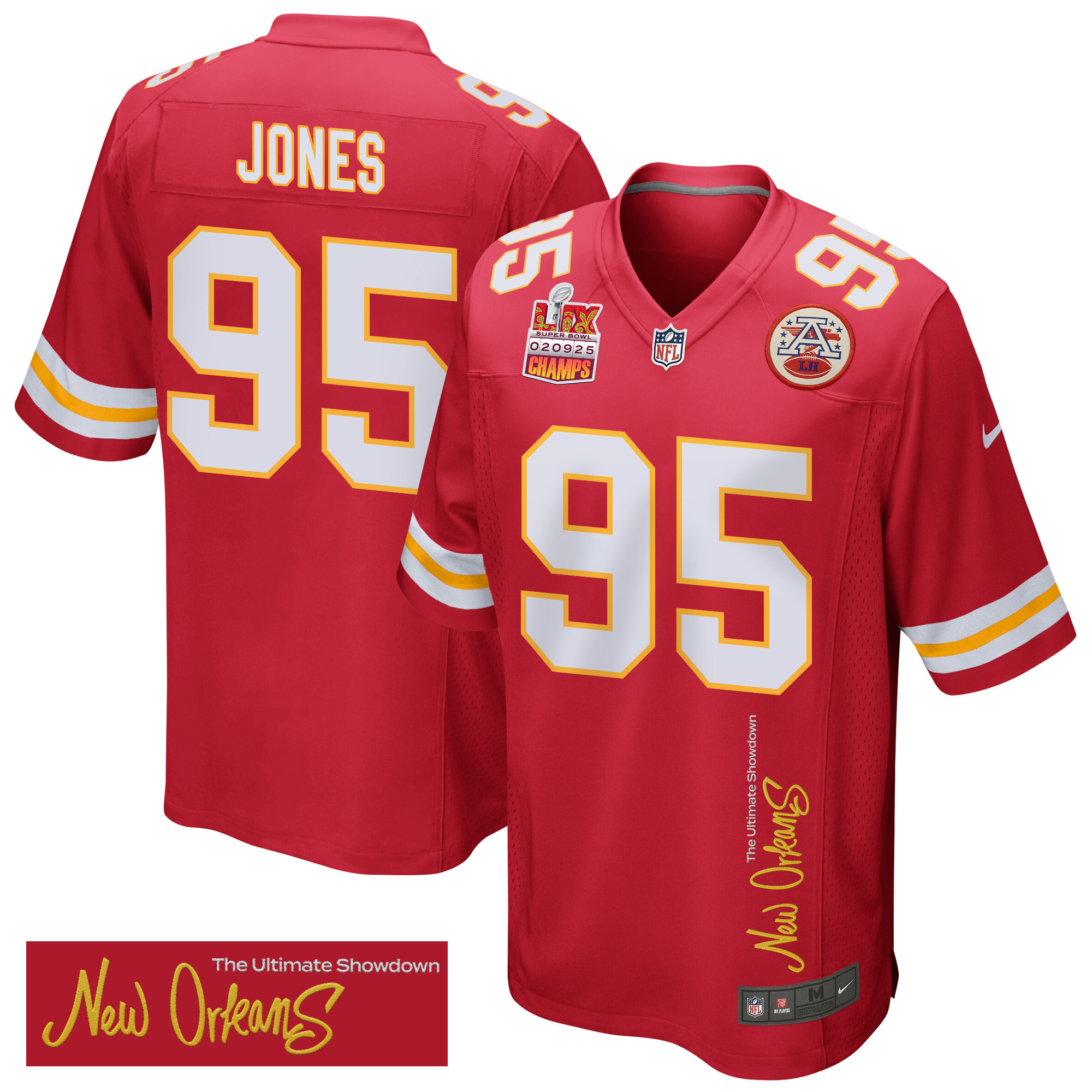 Hunk Wear - Chris Jones 95 Kansas City Chiefs Super Bowl LIX Champions Patch 'New Orleans ' The Ultimate Showdown' EMBROIDERED Game Men Jersey ' Red