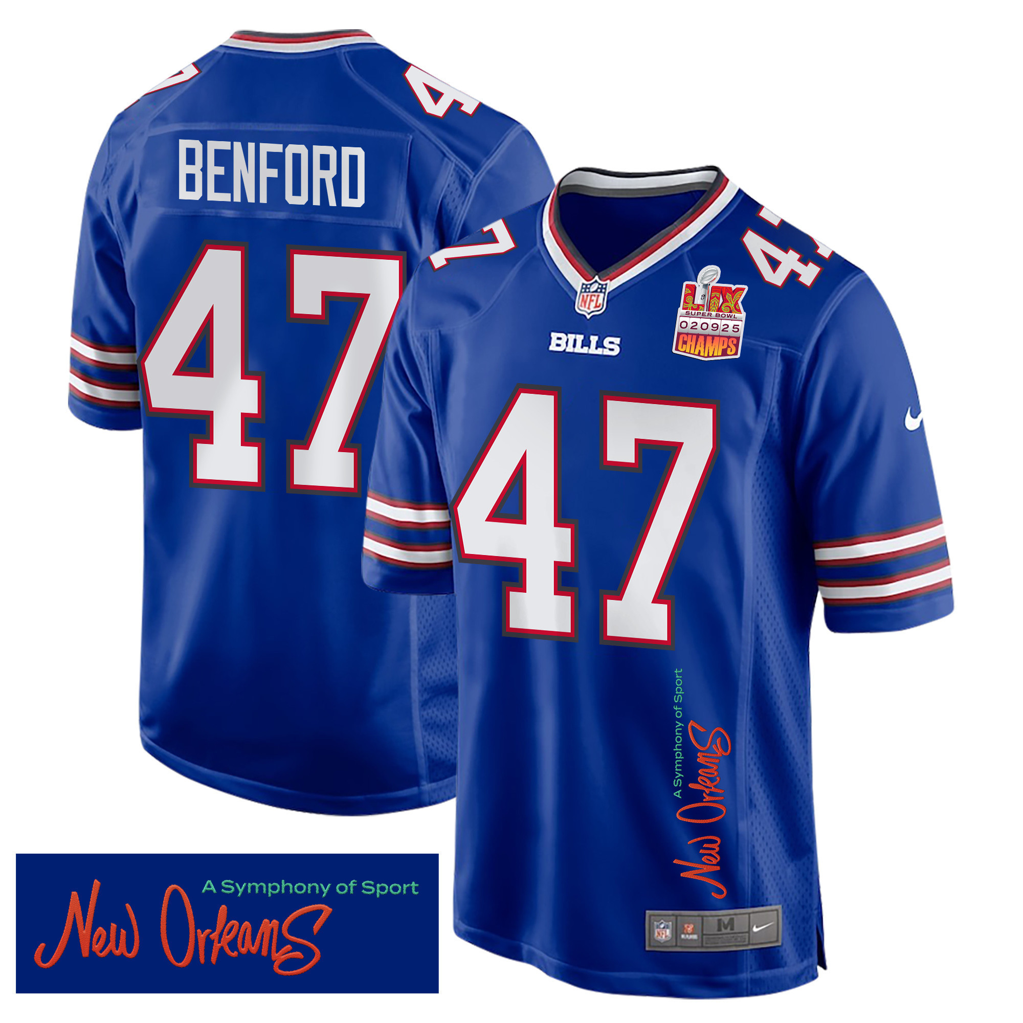 Hunk Wear - Christian Benford 47 Buffalo Bills Super Bowl LIX Champions Patch 'New Orleans ' A Symphony of Sport' EMBROIDERED Game Men Jersey ' Royal