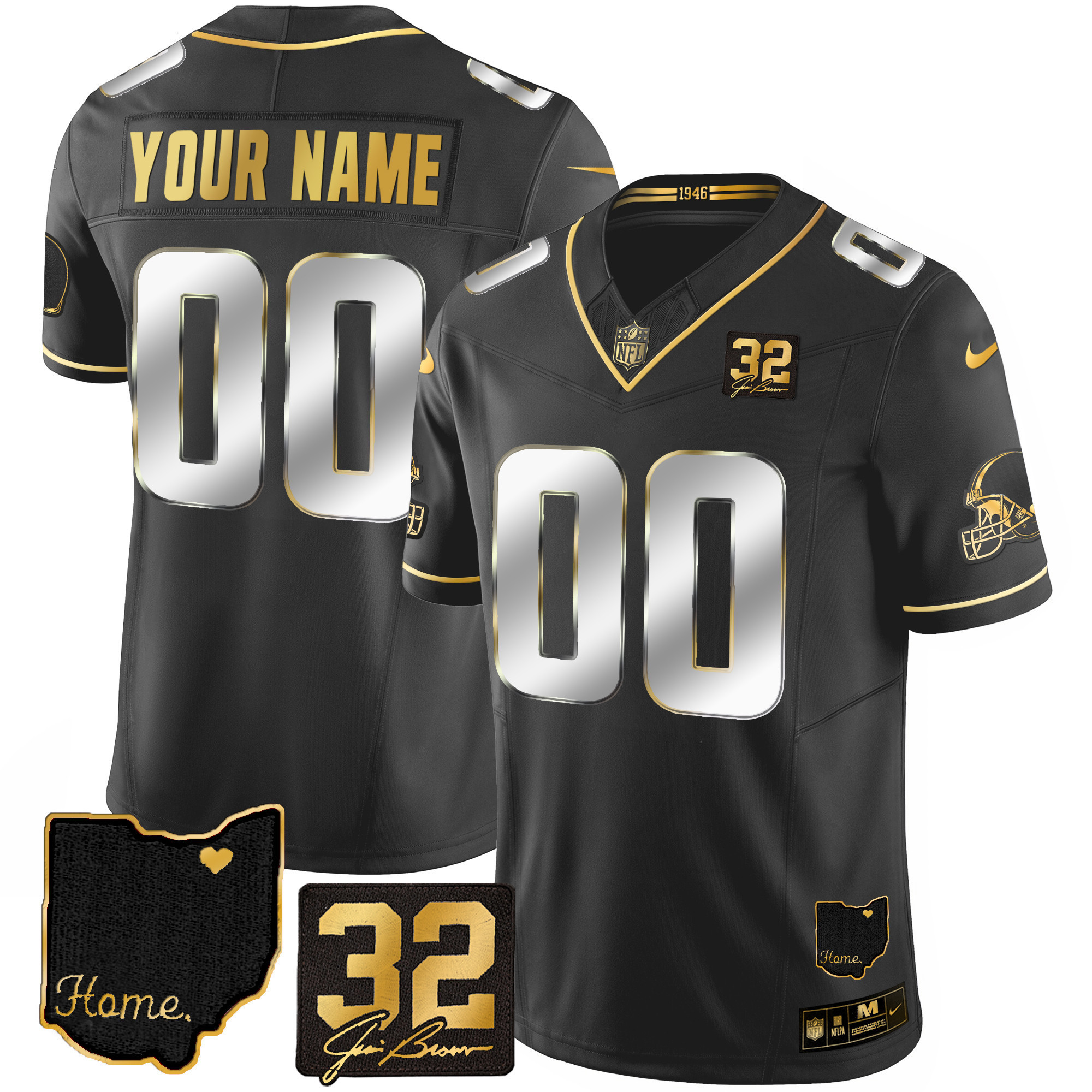Hunk Wear - Cleveland Browns #32 Jim Brown Memorial & Home Patch Gold Custom Black Limited Jersey