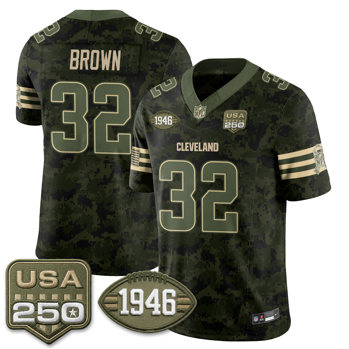 Hunk Wear - Cleveland Browns Jim Brown 2026 Salute to Service Vapor Jersey ' All Stitched ' Camo