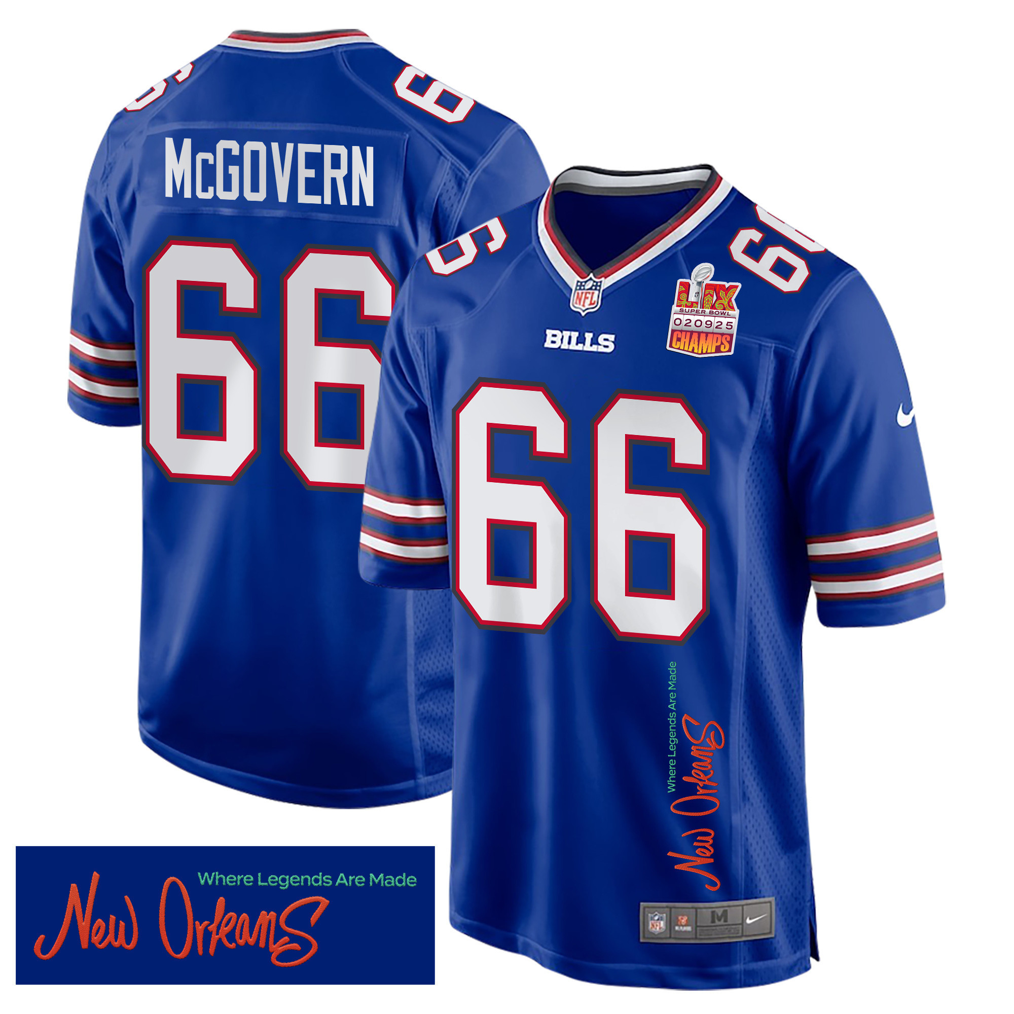 Hunk Wear - Connor McGovern 66 Buffalo Bills Super Bowl LIX Champions Patch 'New Orleans ' Where Legends Are Made' EMBROIDERED Game Men Jersey ' Royal