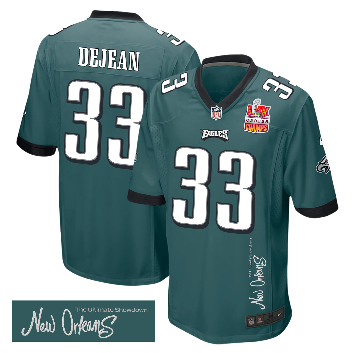 Hunk Wear - Cooper DeJean 33 Philadelphia Eagles Super Bowl LIX Champions Patch 'New Orleans ' The Ultimate Showdown' EMBROIDERED Game Men Jersey ' Midnight Green