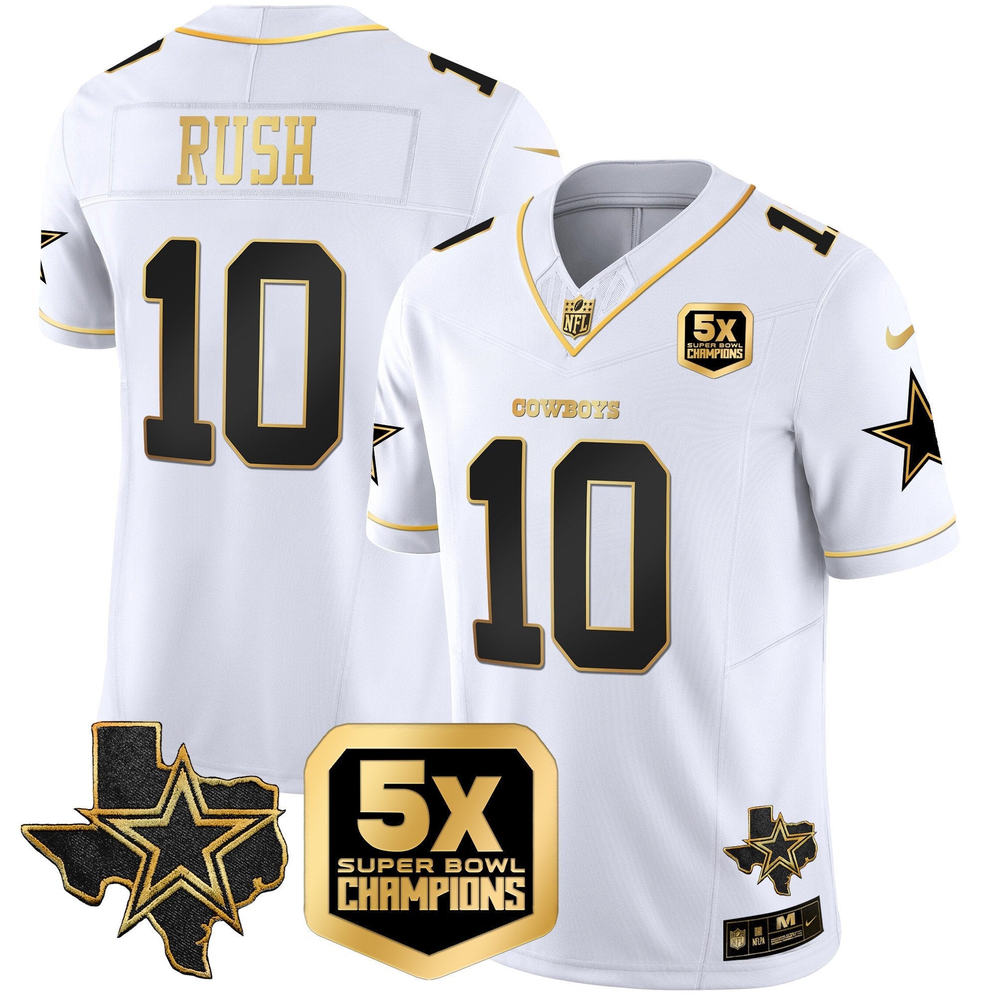 Hunk Wear - Cowboys 5x Super Bowl Champions Vapor Limited Jersey ' All Stitched ' White Gold ' Cooper Rush Jersey