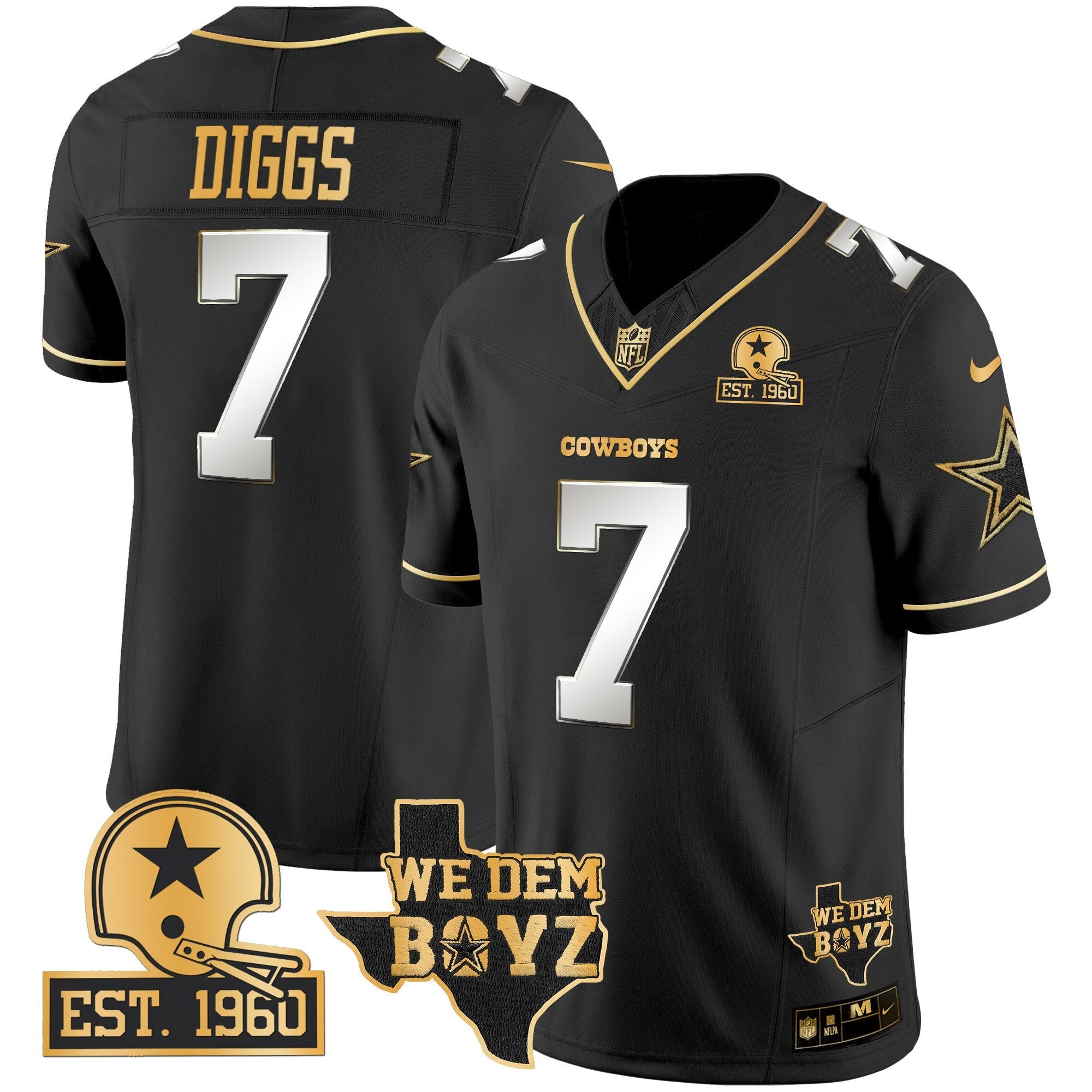 Hunk Wear - Cowboys Est. 1960 & We Dem Boyz Patch Gold Vapor Limited Jersey V2 ' All Stitched ' Black Limited ' Trevon Diggs Jersey