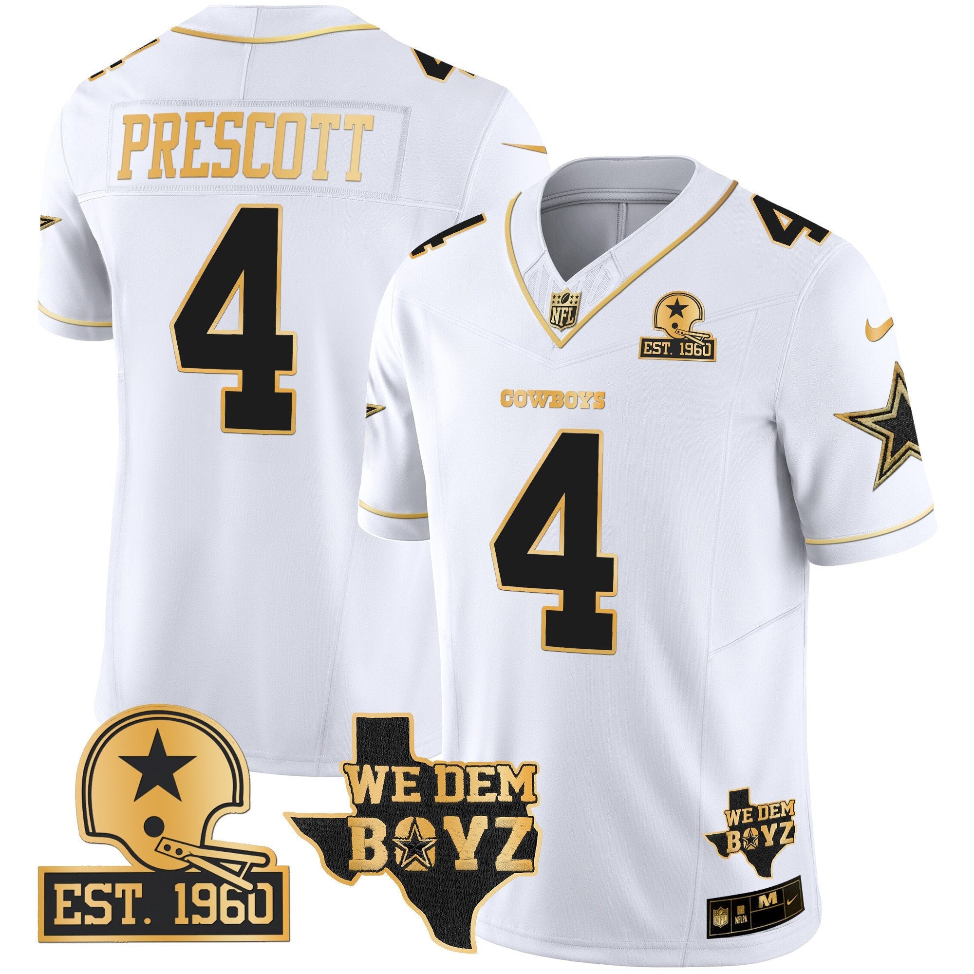Hunk Wear - Cowboys Est. 1960 & We Dem Boyz Patch Gold Vapor Limited Jersey V2 ' All Stitched ' White Gold ' Dak Prescott Jersey