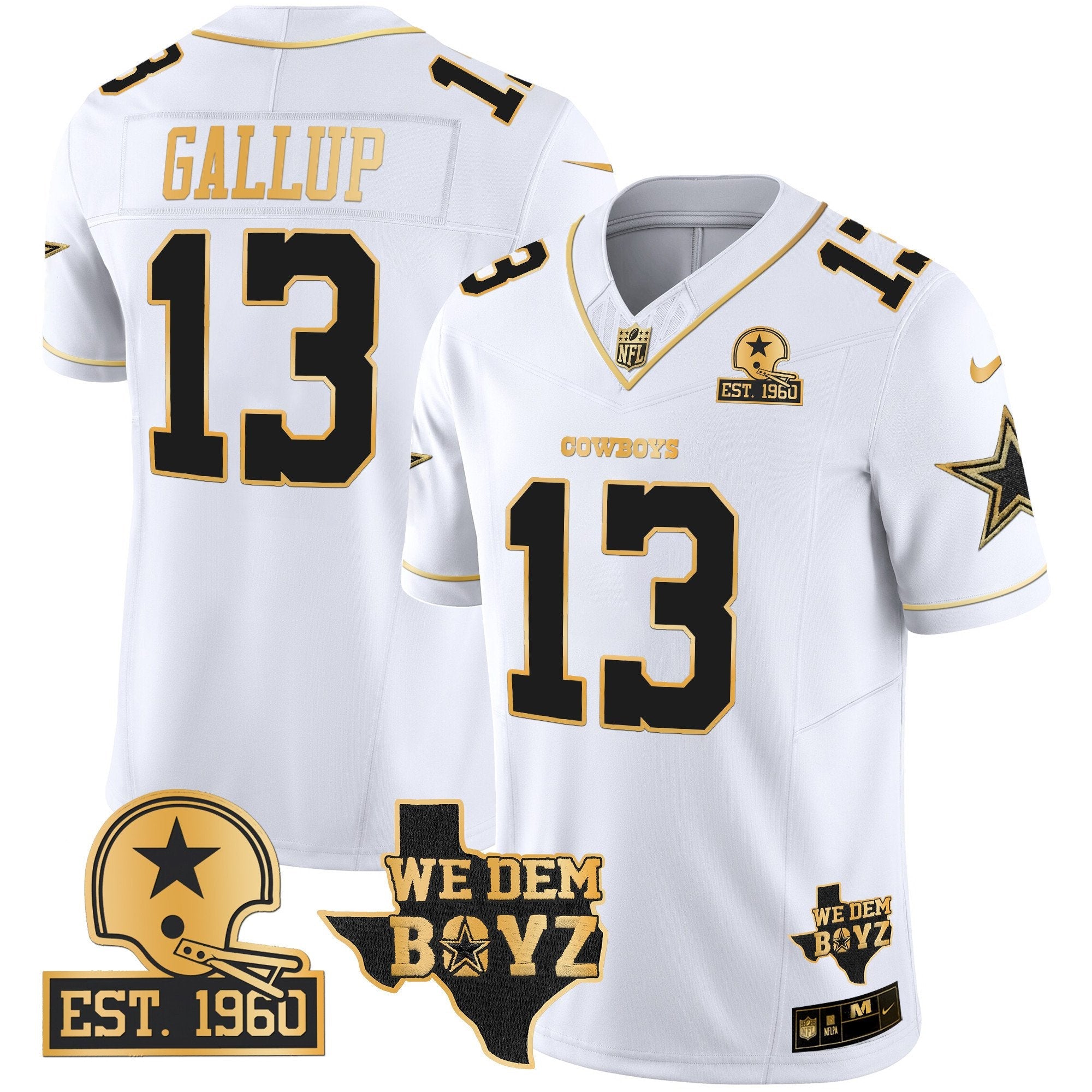 Hunk Wear - Cowboys Est. 1960 & We Dem Boyz Patch Gold Vapor Limited Jersey V2 ' All Stitched ' White Gold ' Michael Gallup Jersey