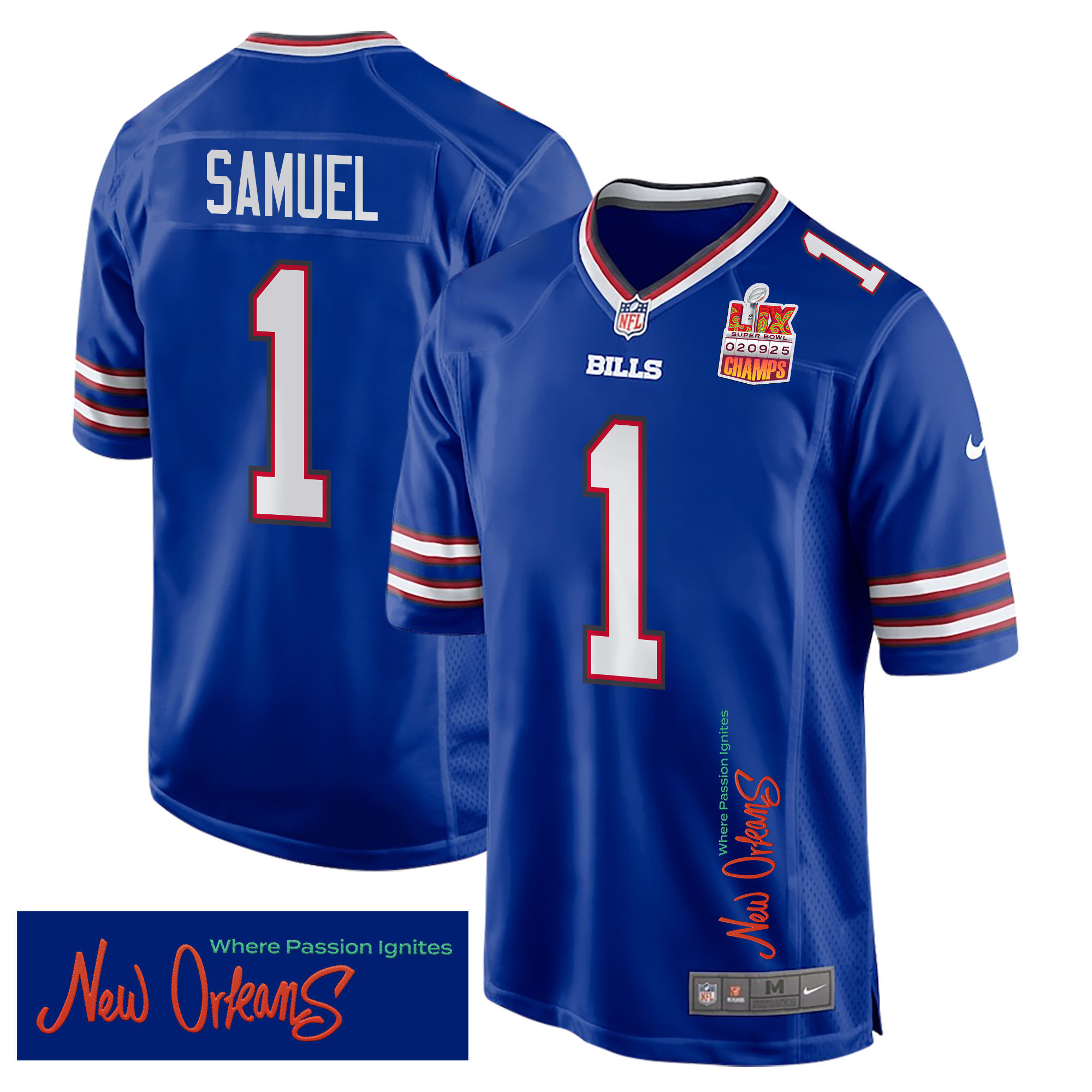 Hunk Wear - Curtis Samuel 1 Buffalo Bills Super Bowl LIX Champions Patch 'New Orleans ' Where Passion Ignites' EMBROIDERED Game Men Jersey ' Royal