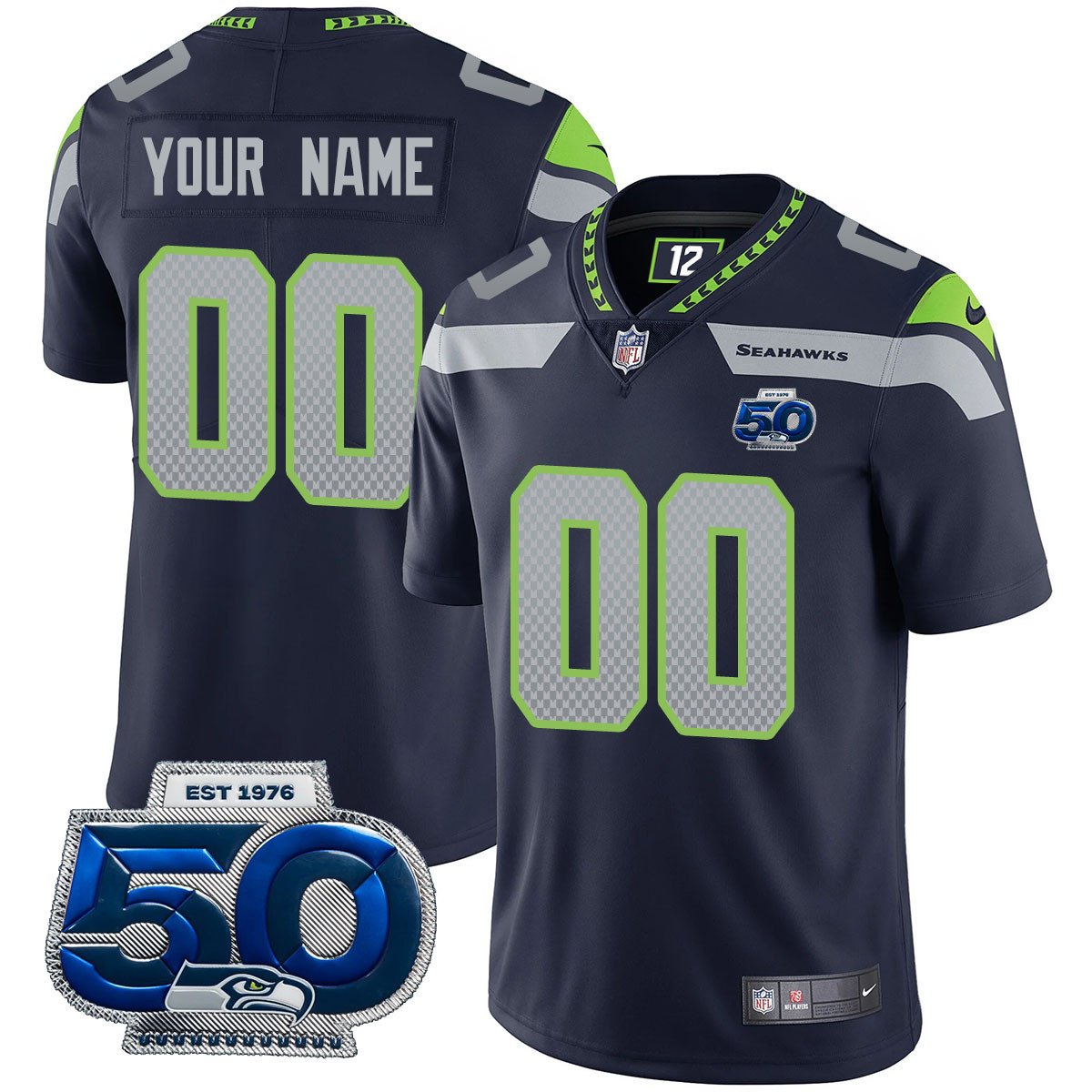 Hunk Wear - Custom Gender/Name Seattle Seahawks 50th Season Vapor Limited Jersey ' All Stitched ' Royal Jersey