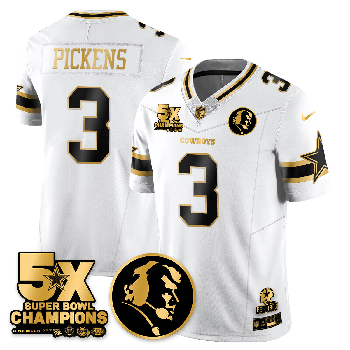 Hunk Wear - Dallas Cowboys 5-Time Champions Vapor Limited Gold Jersey ' John Madden Patch ' All Stitched ' White Gold ' George Pickens Jersey