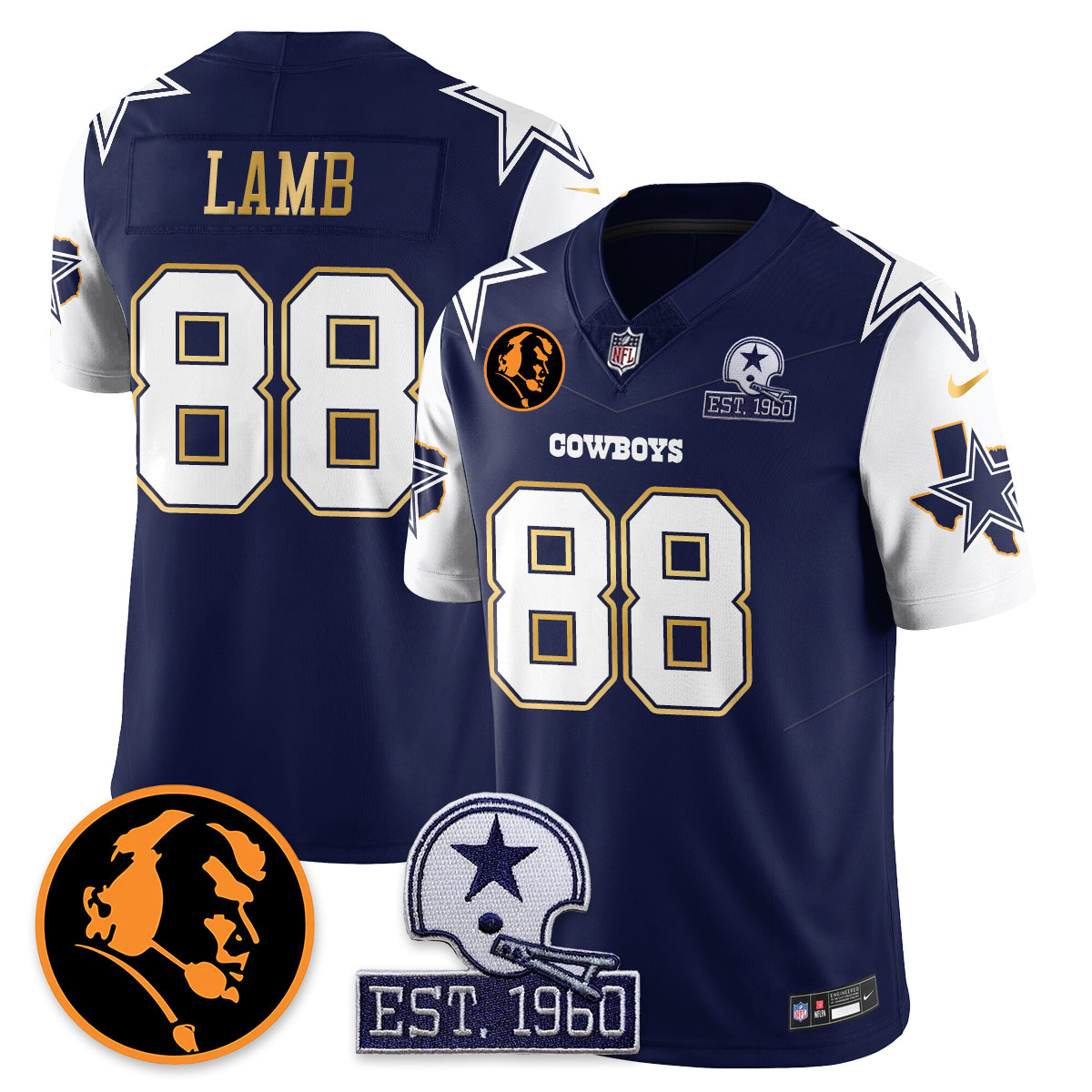 Hunk Wear - Dallas Cowboys Vapor Limited Gold Jersey ' John Madden Patch ' All Stitched ' Navy ' CeeDee Lamb Jersey