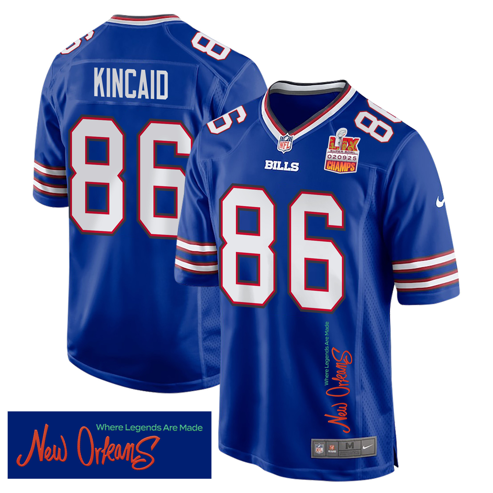 Hunk Wear - Dalton Kincaid 86 Buffalo Bills Super Bowl LIX Champions Patch 'New Orleans ' Where Legends Are Made' EMBROIDERED Game Men Jersey ' Royal