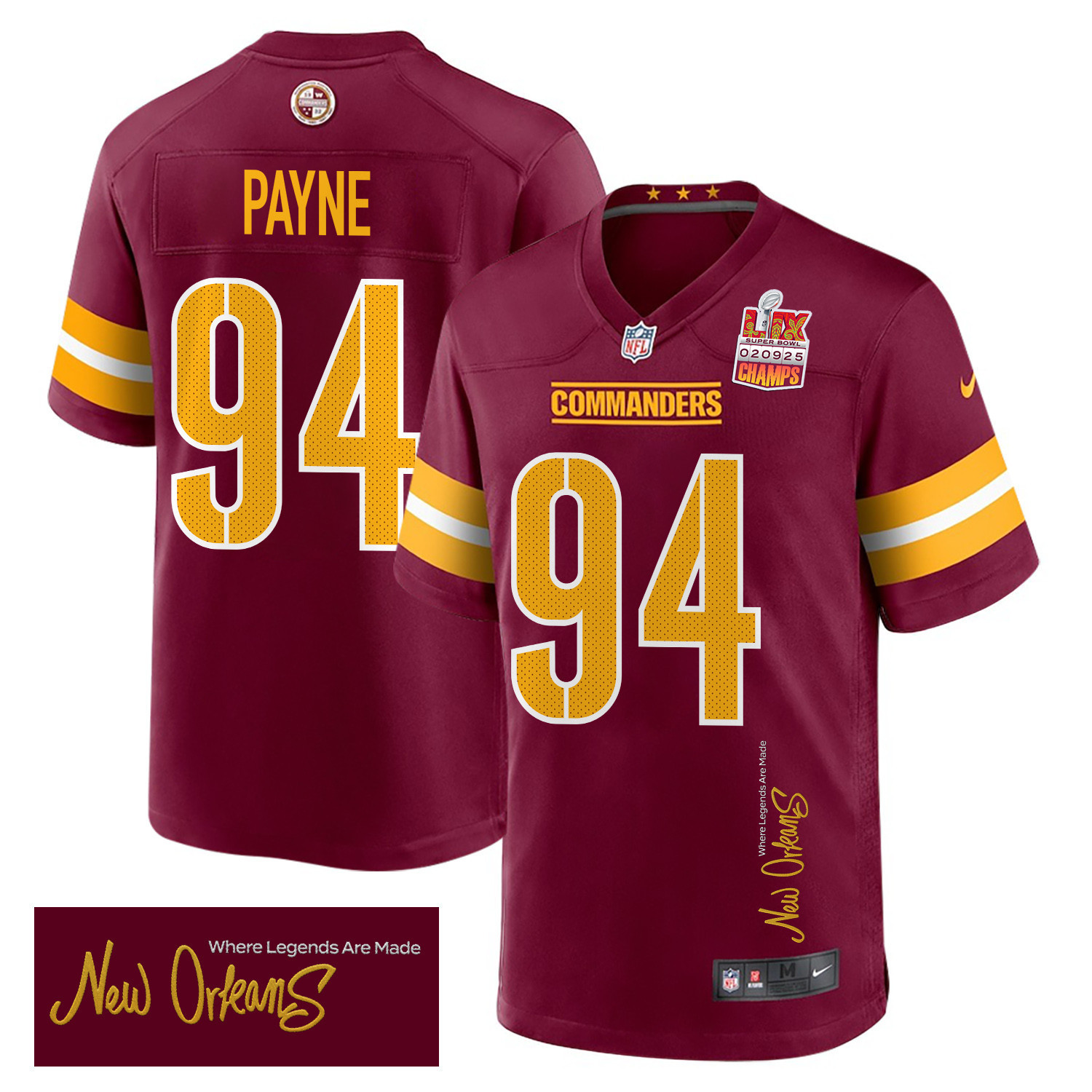 Hunk Wear - Daron Payne 94 Washington Commanders Super Bowl LIX Champions Patch 'New Orleans ' Where Legends Are Made' EMBROIDERED Game Men Jersey ' Burgundy