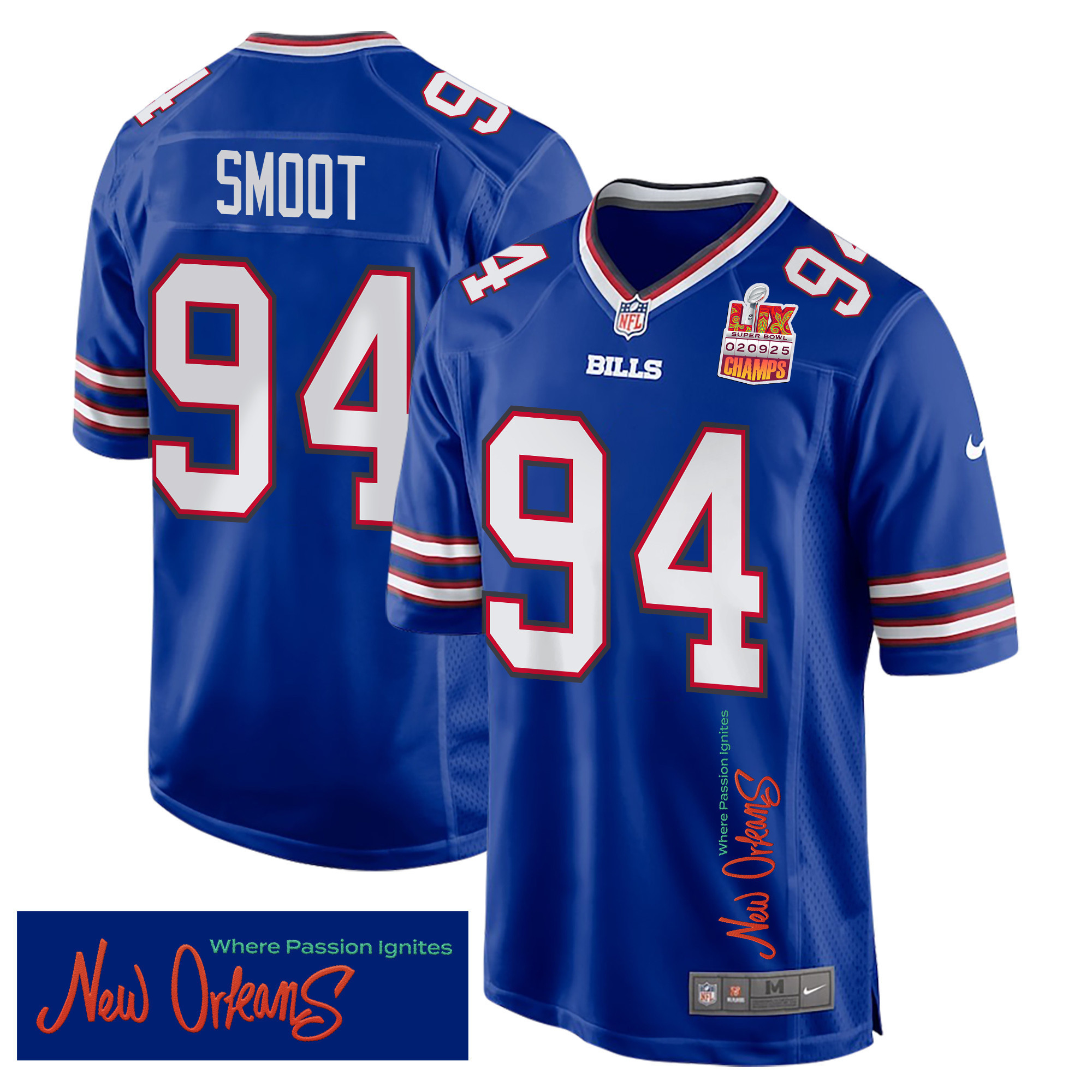 Hunk Wear - Dawuane Smoot 94 Buffalo Bills Super Bowl LIX Champions Patch 'New Orleans ' Where Passion Ignites' EMBROIDERED Game Men Jersey ' Royal