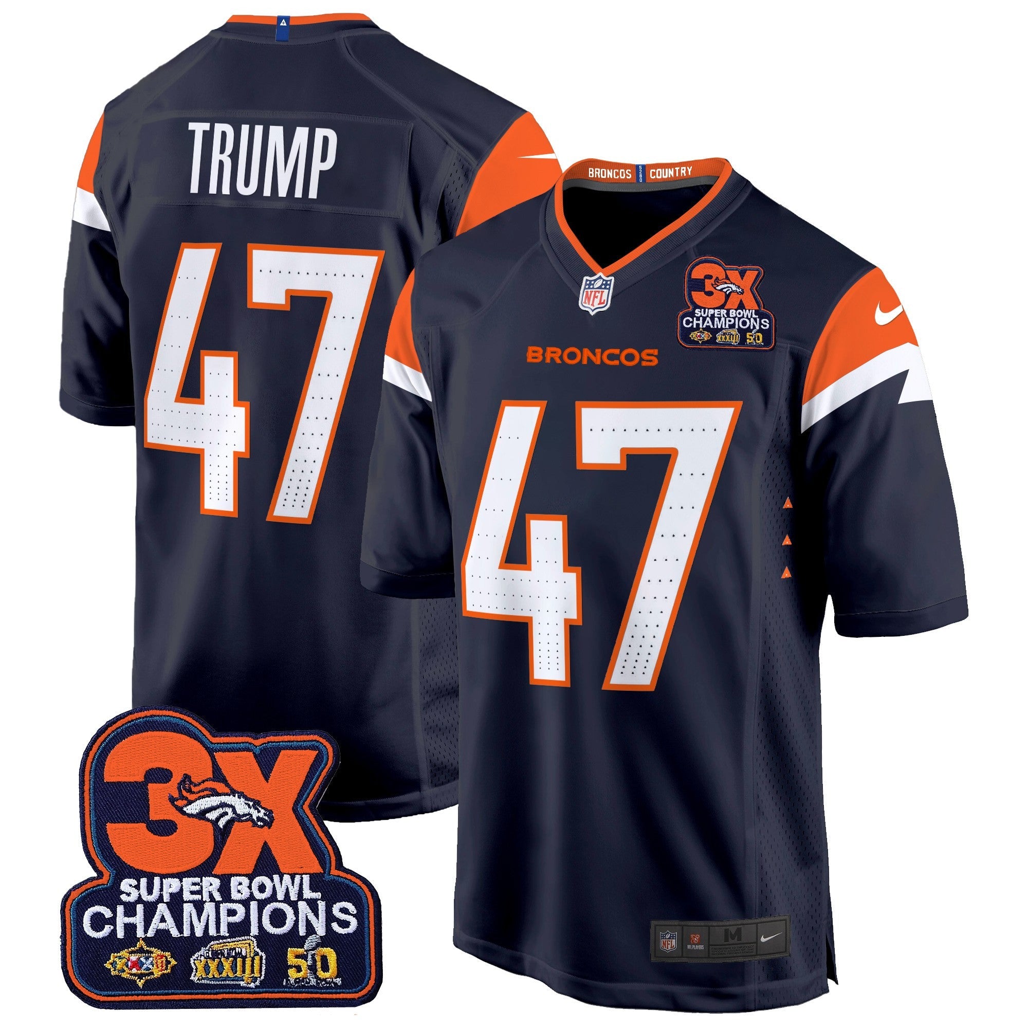 Hunk Wear - Denver Broncos 3-Time Champions Patch Game Jersey – Al Stitched – Navy – Donald Trump Jersey