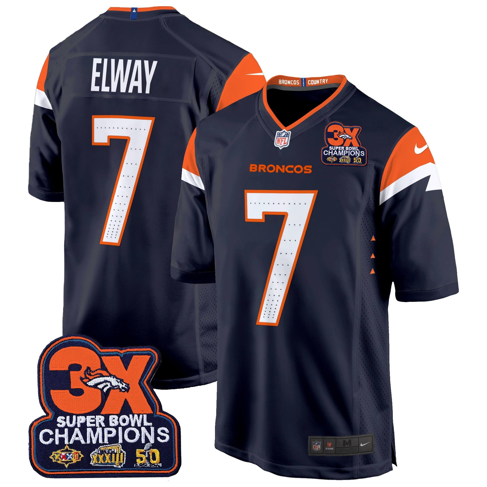 Hunk Wear - Denver Broncos 3-Time Champions Patch Game Jersey – Al Stitched – Navy – John Elway Jersey