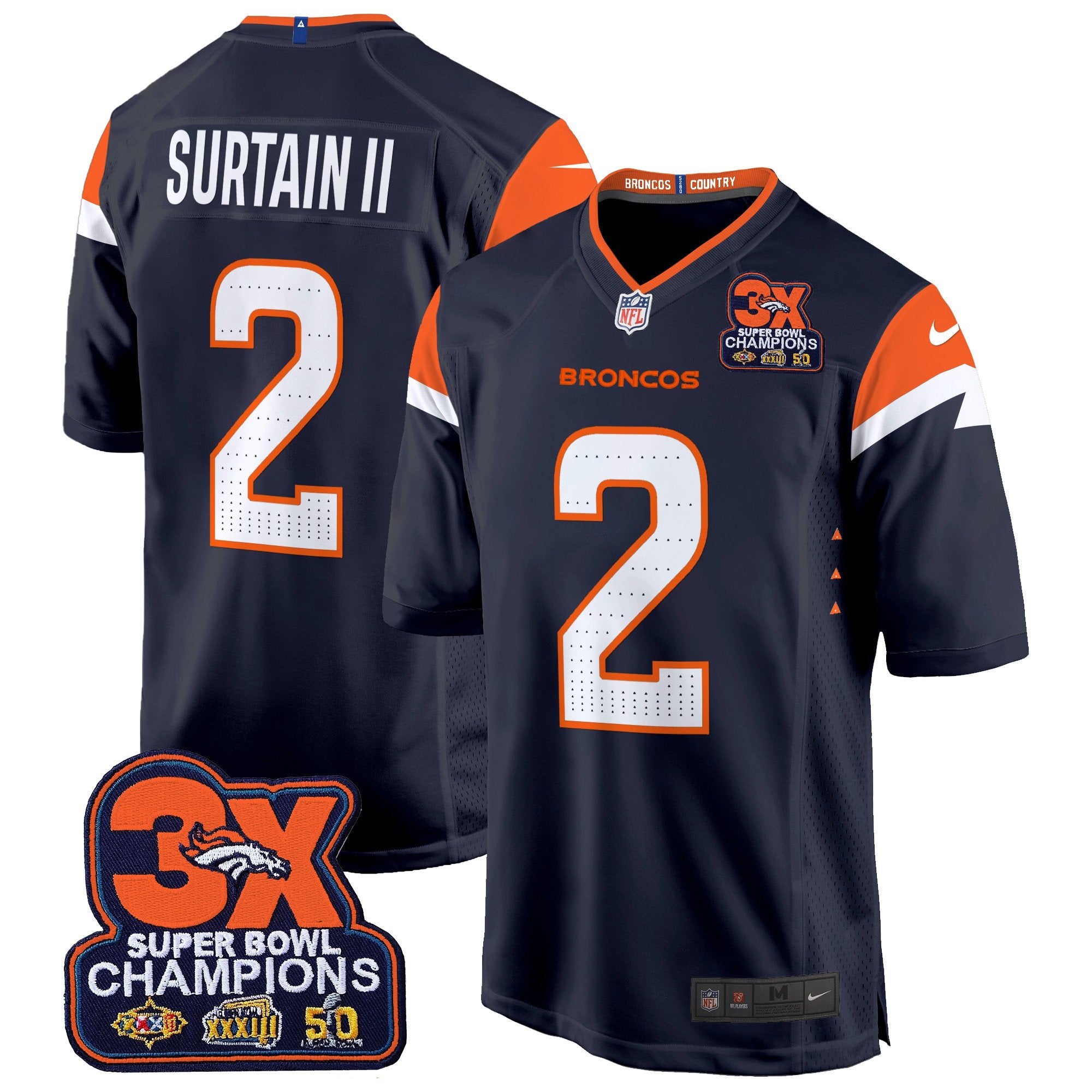 Hunk Wear - Denver Broncos 3-Time Champions Patch Game Jersey – Al Stitched – Navy – Patrick Surtain II Jersey