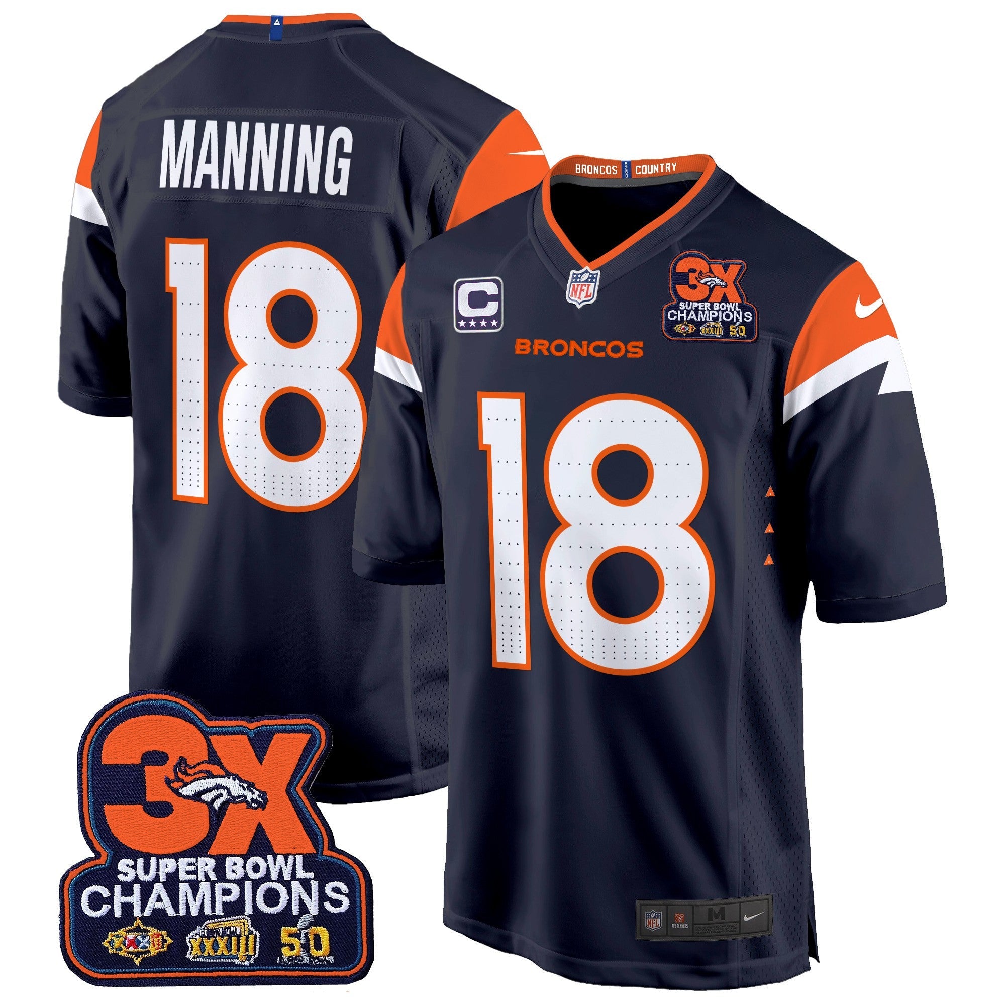 Hunk Wear - Denver Broncos 3-Time Champions Patch Game Jersey – Al Stitched – Navy – Peyton Manning Jersey