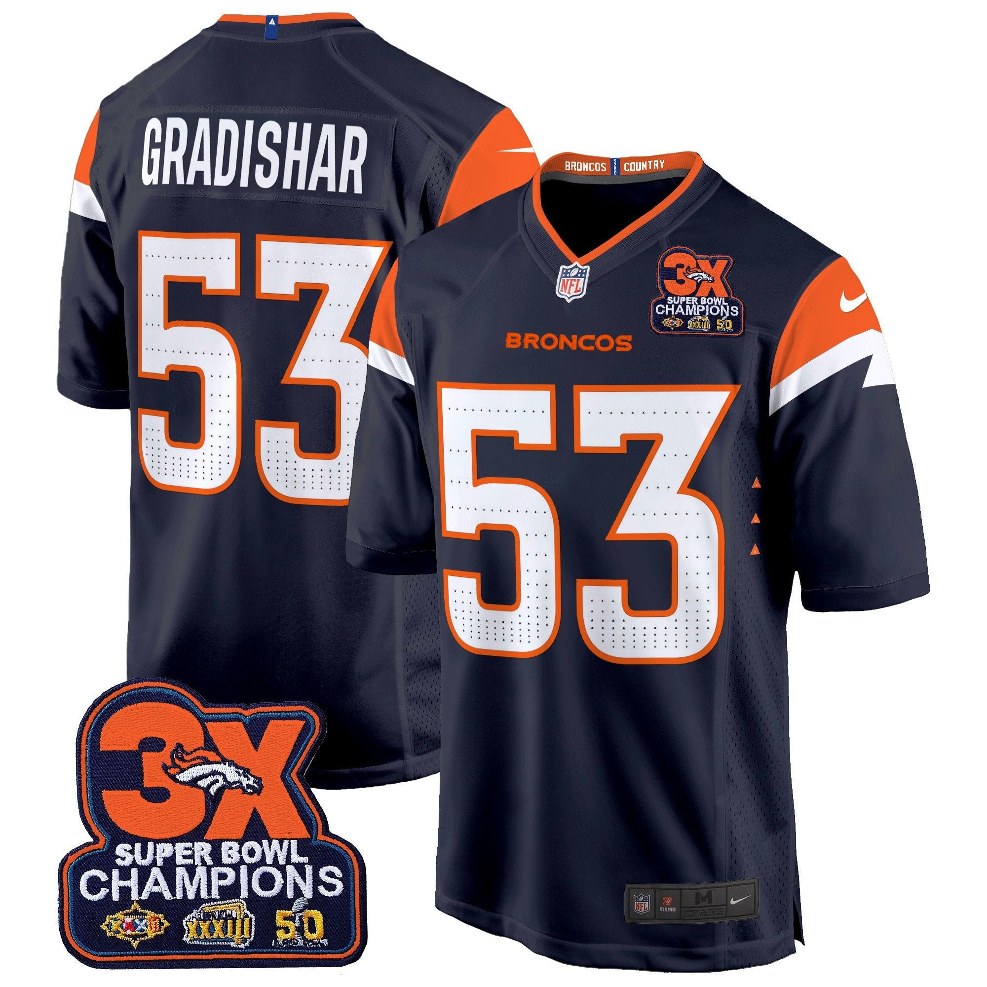 Hunk Wear - Denver Broncos 3-Time Champions Patch Game Jersey – Al Stitched – Navy – Randy Gradishar Jersey