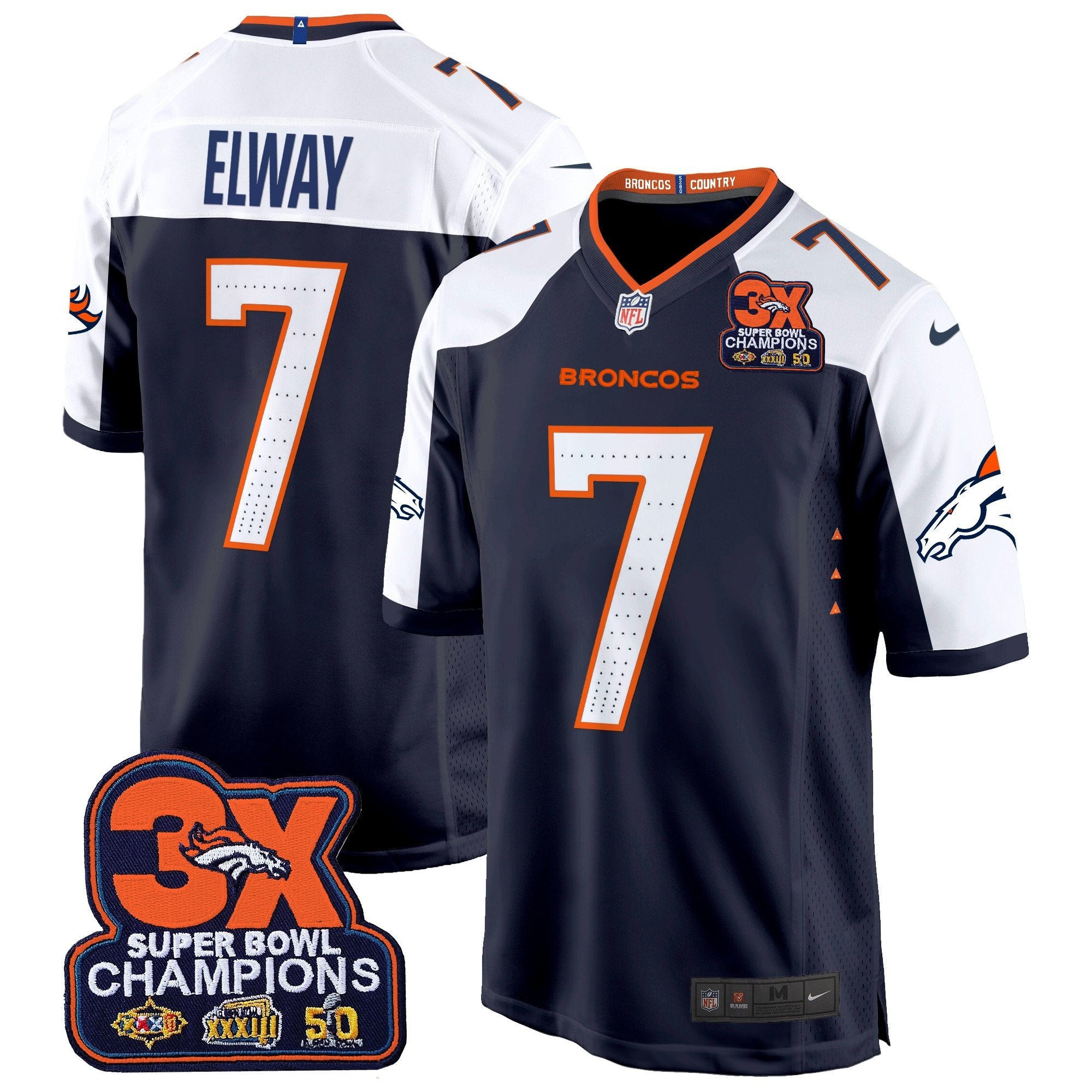 Hunk Wear - Denver Broncos 3-Time Champions Patch Game Jersey – Al Stitched – Navy Alternate – John Elway Jersey