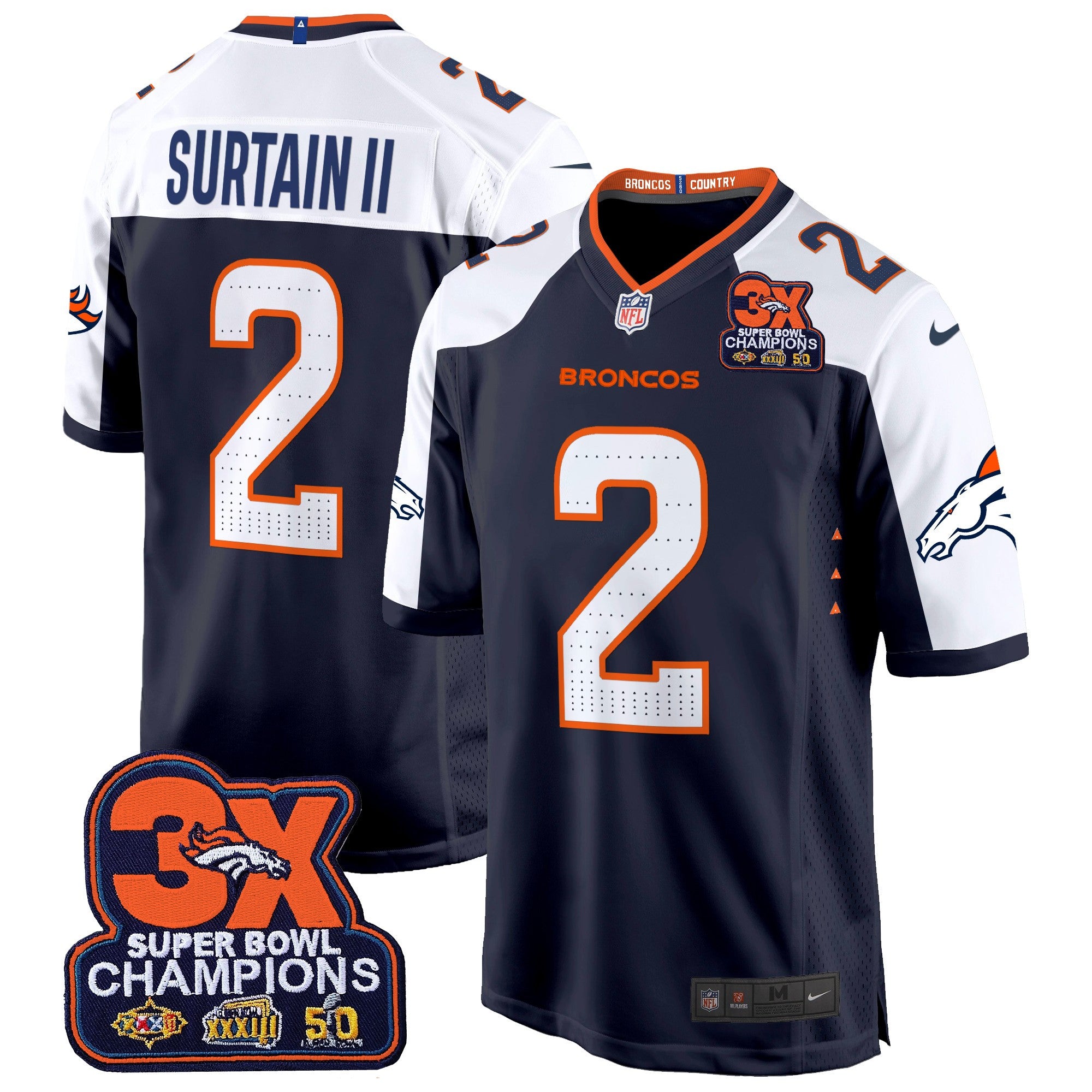 Hunk Wear - Denver Broncos 3-Time Champions Patch Game Jersey – Al Stitched – Navy Alternate – Patrick Surtain II Jersey