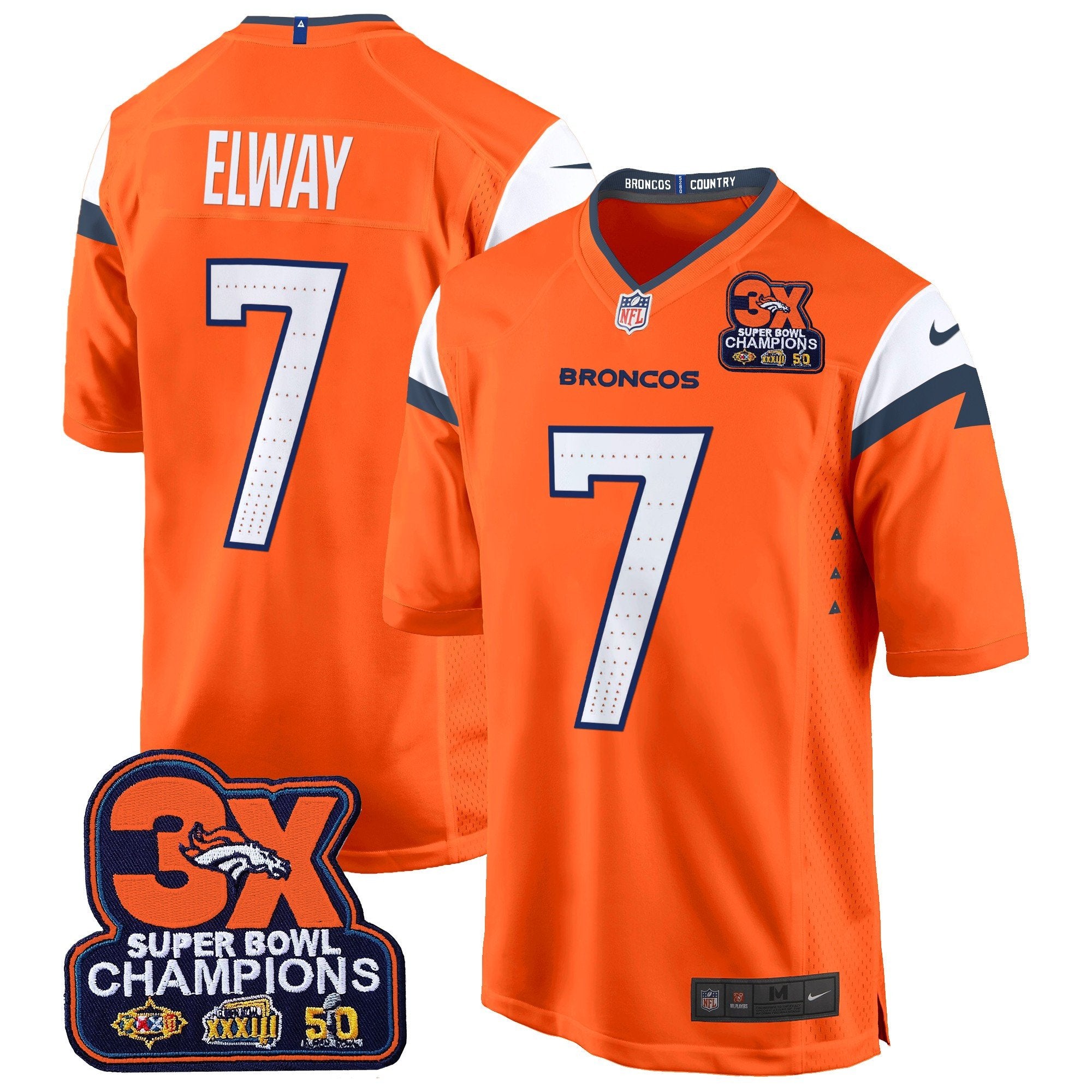 Hunk Wear - Denver Broncos 3-Time Champions Patch Game Jersey – Al Stitched – Orange – John Elway Jersey