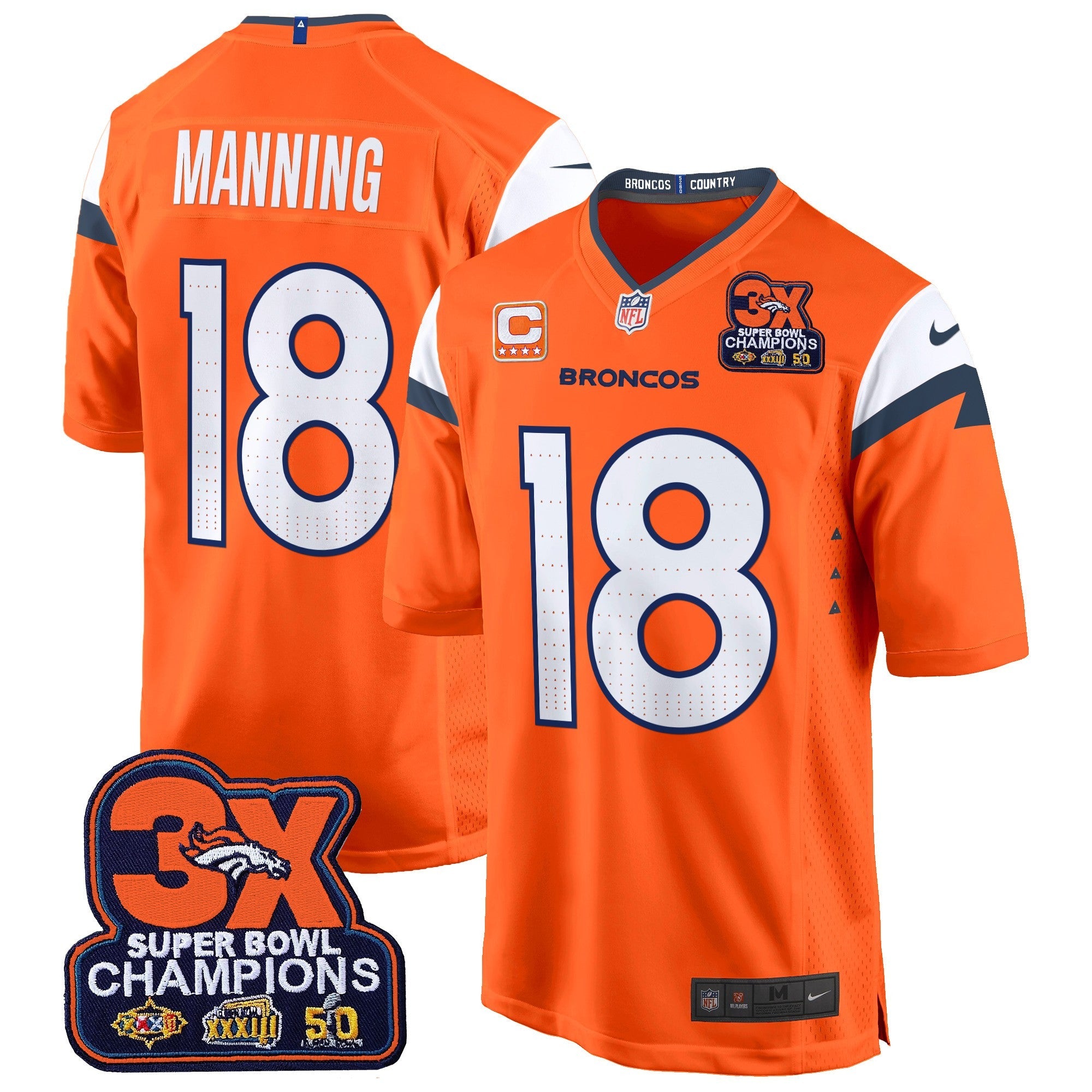 Hunk Wear - Denver Broncos 3-Time Champions Patch Game Jersey – Al Stitched – Orange – Peyton Manning Jersey
