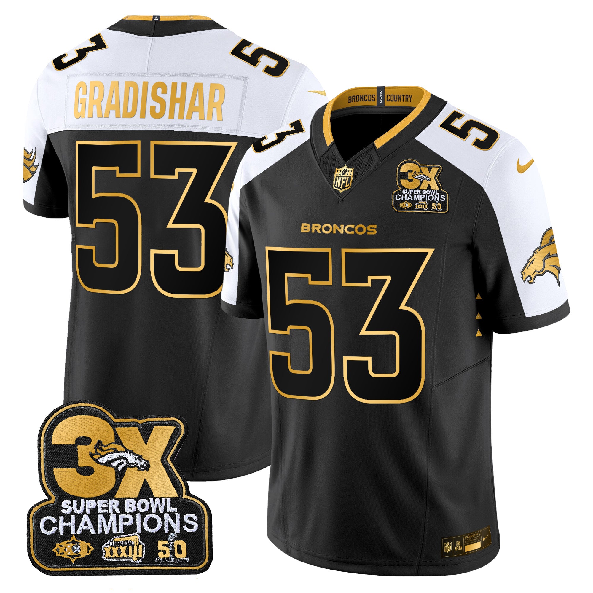 Hunk Wear - Denver Broncos 3-Time Champions Patch Gold Vapor Limited Jersey ' All Stitched ' Alternate ' Randy Gradishar Jersey