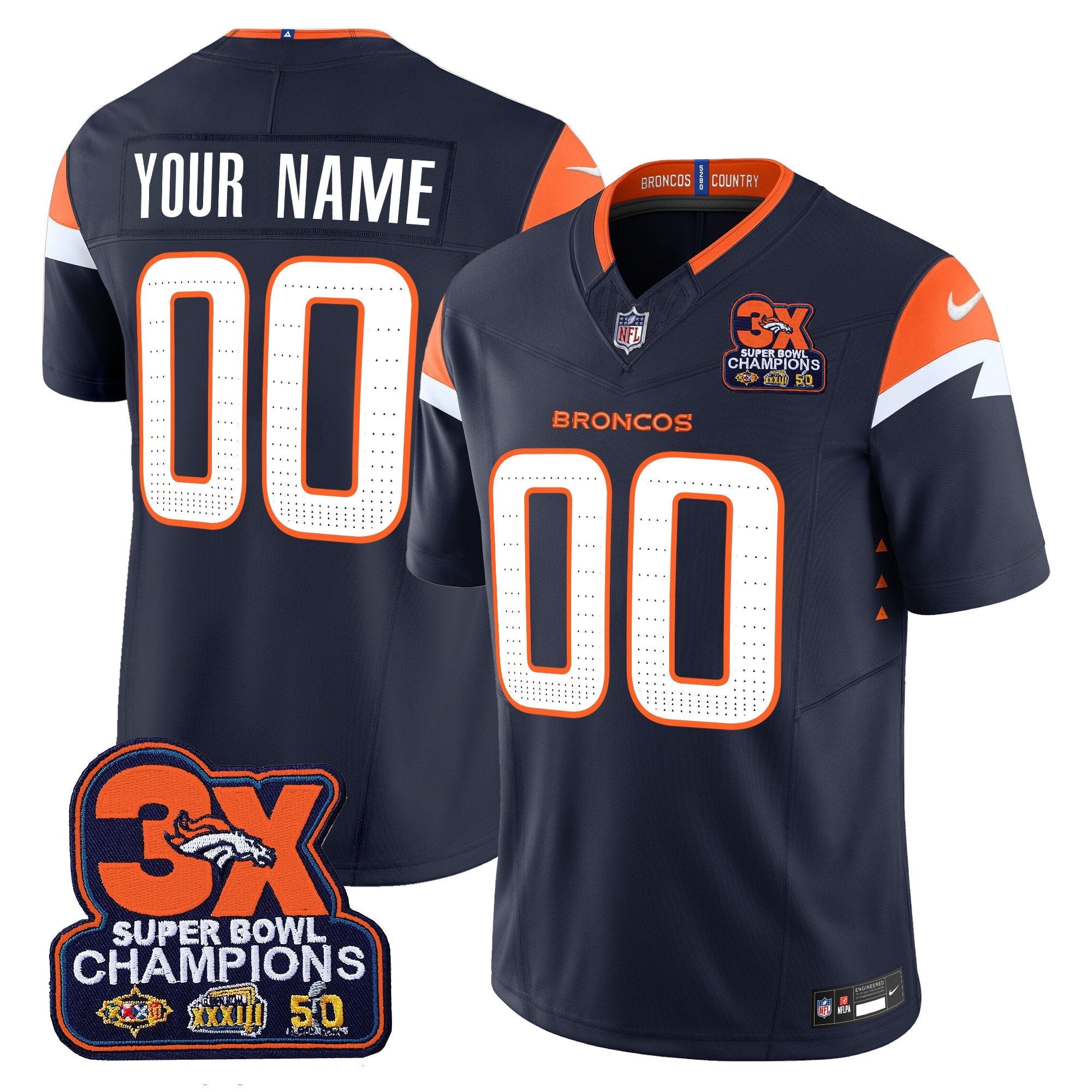 Hunk Wear - Denver Broncos 3-Time Champions Patch Vapor Limited Custom Jersey – All Stitched – Navy Jersey