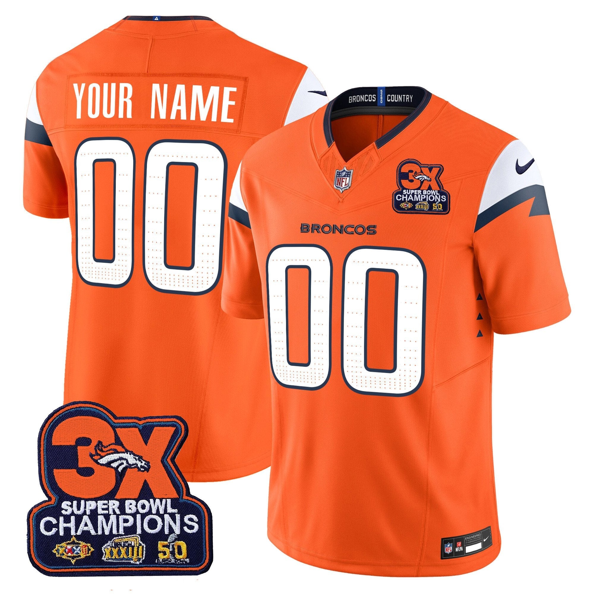 Hunk Wear - Denver Broncos 3-Time Champions Patch Vapor Limited Custom Jersey ' All Stitched ' Orange Jersey