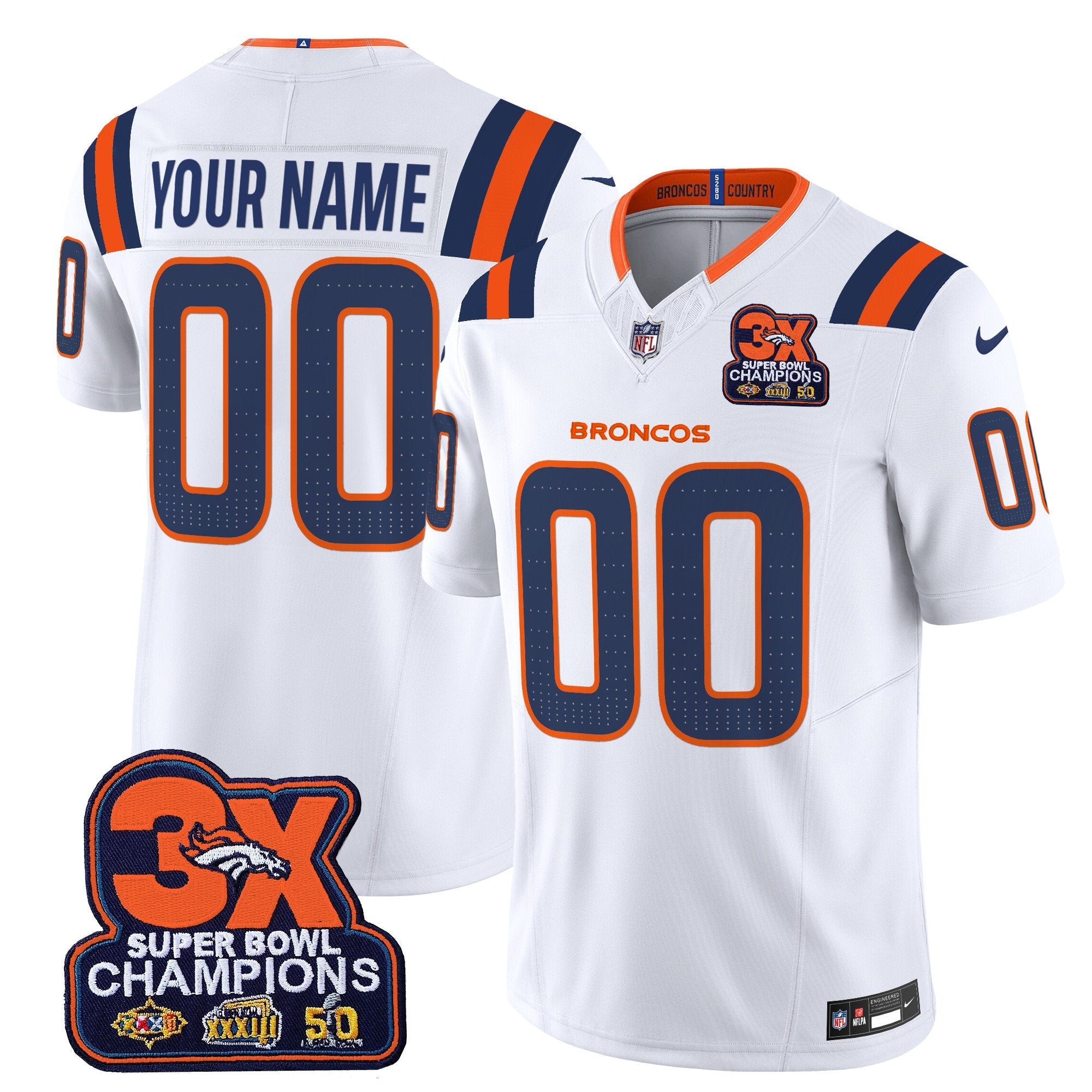 Hunk Wear - Denver Broncos 3-Time Champions Patch Vapor Limited Custom Jersey V2 – All Stitched – White Jersey