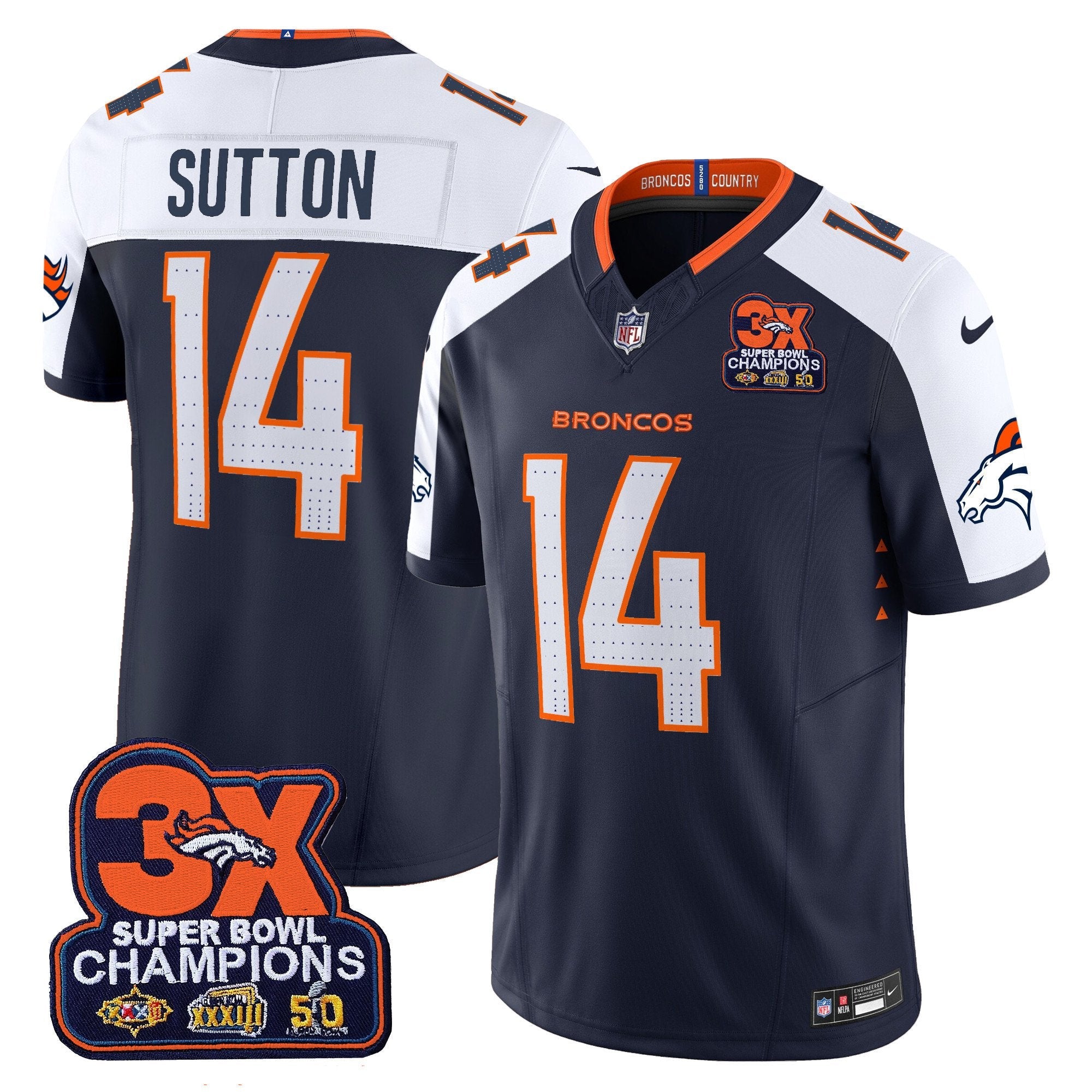 Hunk Wear - Denver Broncos 3-Time Champions Patch Vapor Limited Jersey ' All Stitched ' Navy Alternate ' Courtland Sutton Jersey