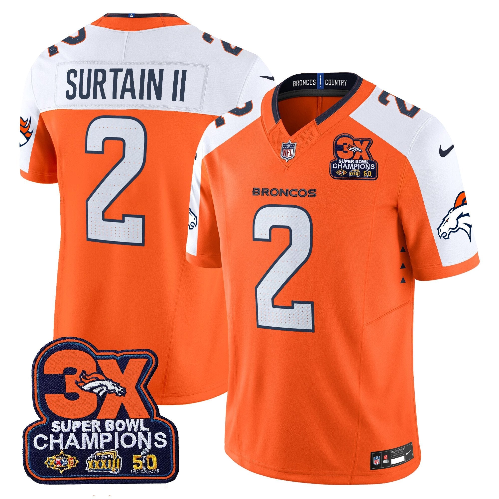 Hunk Wear - Denver Broncos 3-Time Champions Patch Vapor Limited Jersey ' All Stitched ' Orange Alternate ' Patrick Surtain II Jersey
