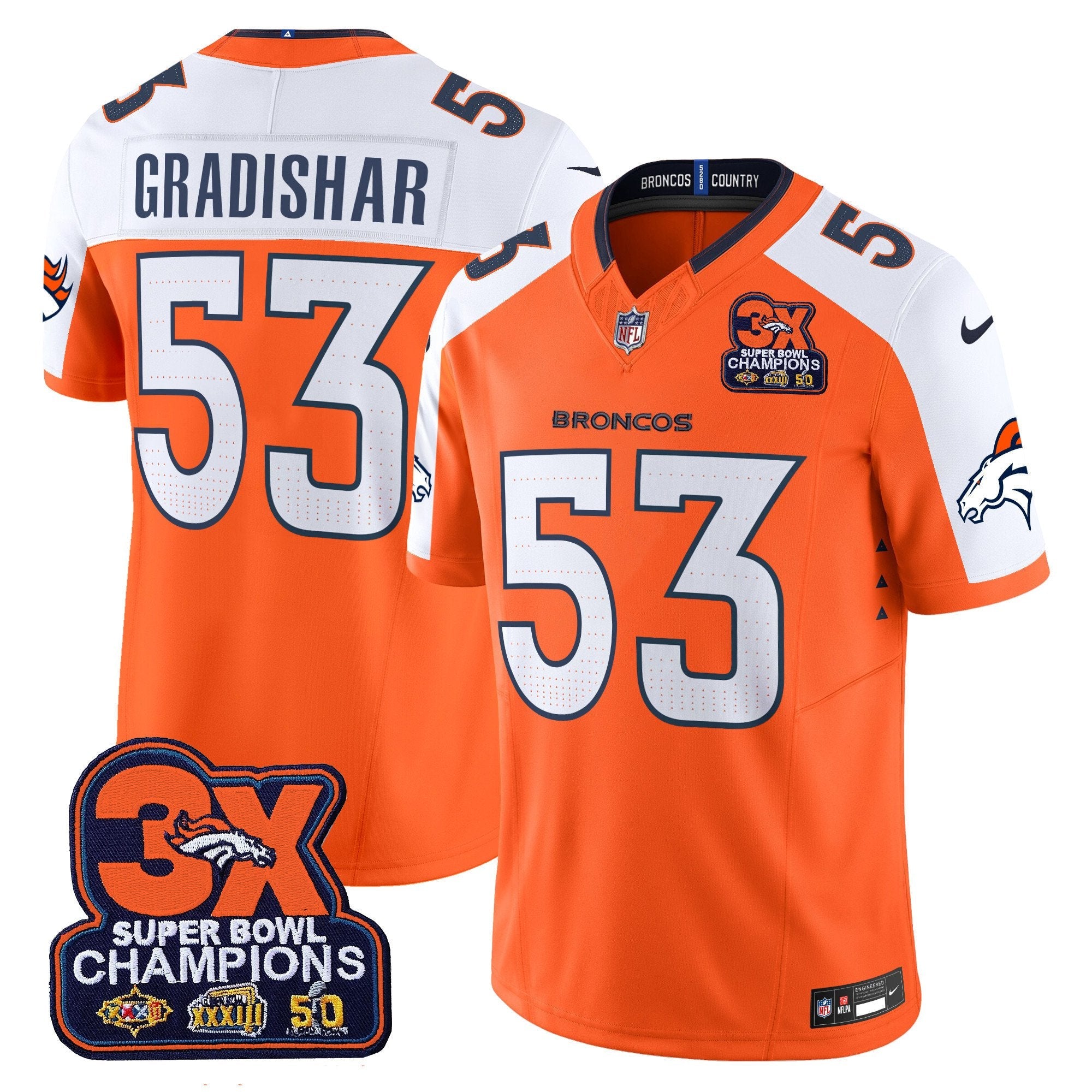 Hunk Wear - Denver Broncos 3-Time Champions Patch Vapor Limited Jersey ' All Stitched ' Orange Alternate ' Randy Gradishar Jersey