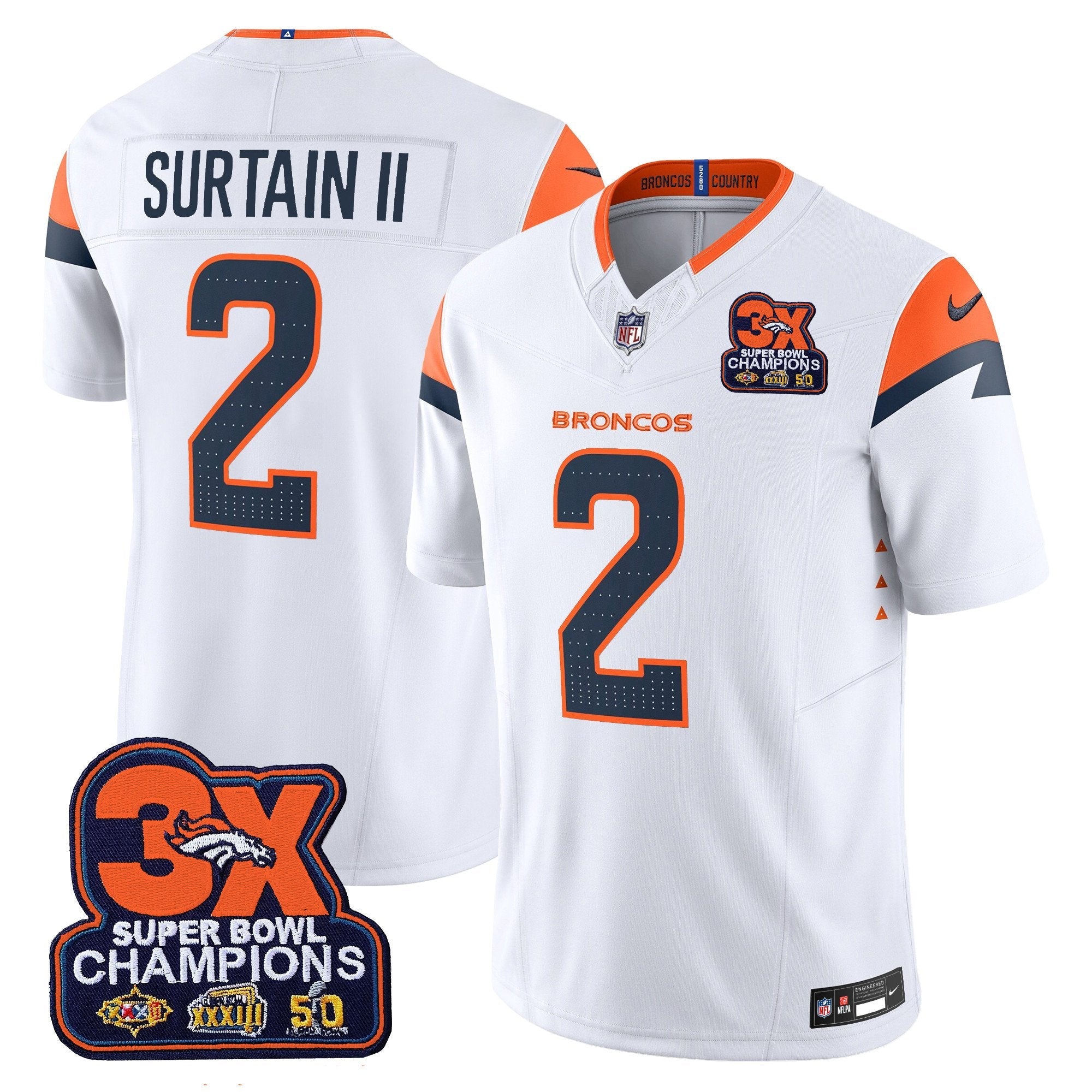Hunk Wear - Denver Broncos 3-Time Champions Patch Vapor Limited Jersey ' All Stitched ' White ' Patrick Surtain II Jersey