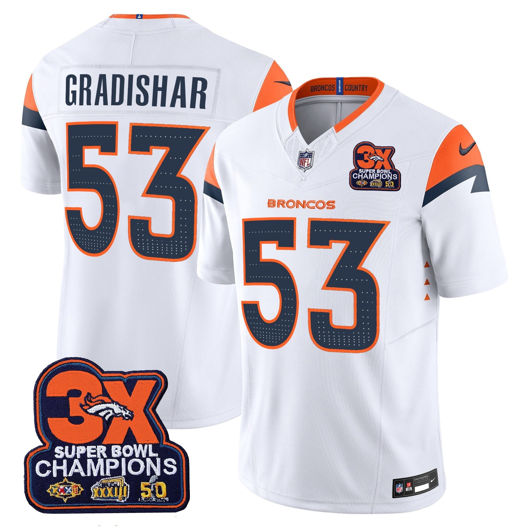 Hunk Wear - Denver Broncos 3-Time Champions Patch Vapor Limited Jersey ' All Stitched ' White ' Randy Gradishar Jersey