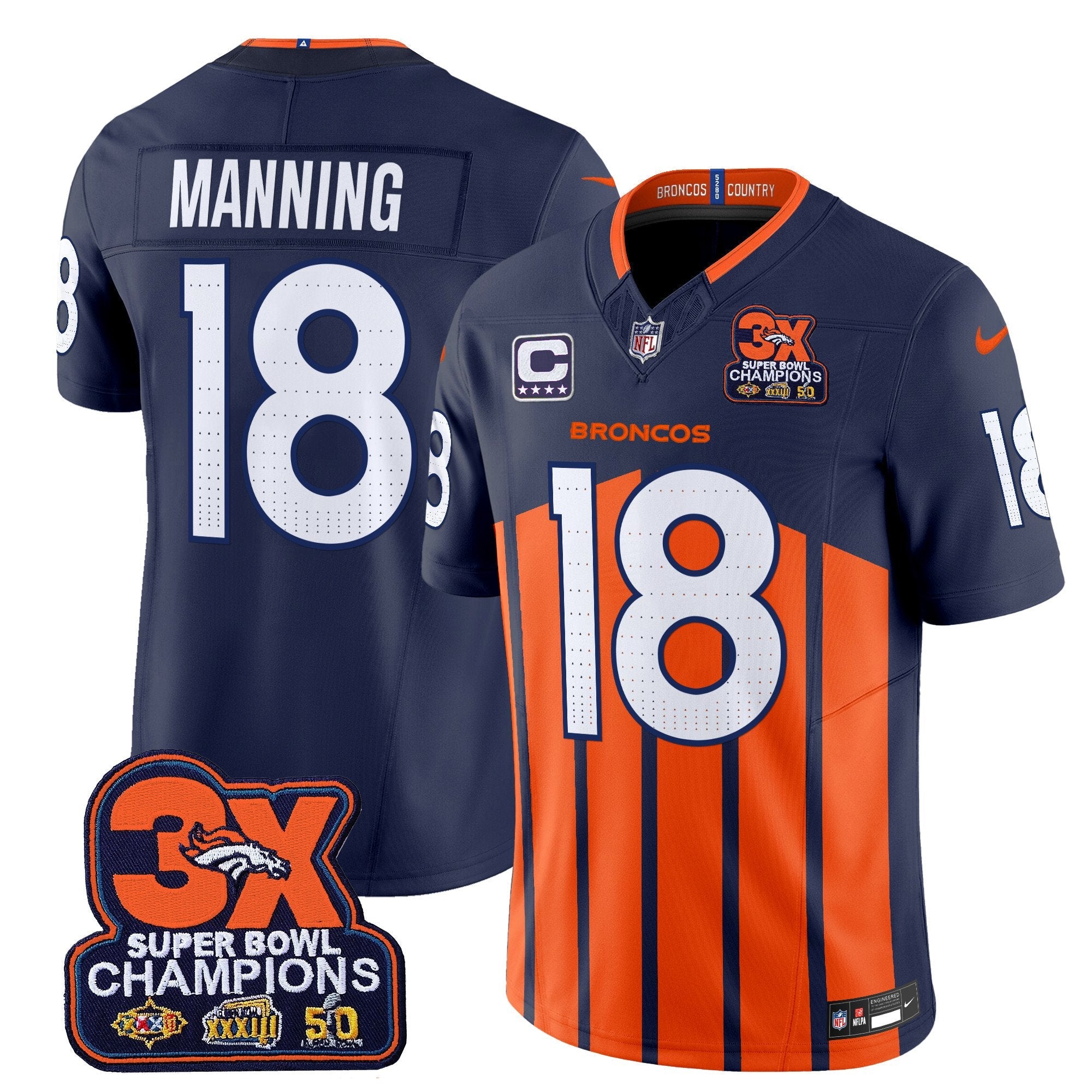 Hunk Wear - Denver Broncos 3-Time Champions Patch Vapor Limited Jersey V2 ' All Stitched ' Navy Special ' Peyton Manning Jersey