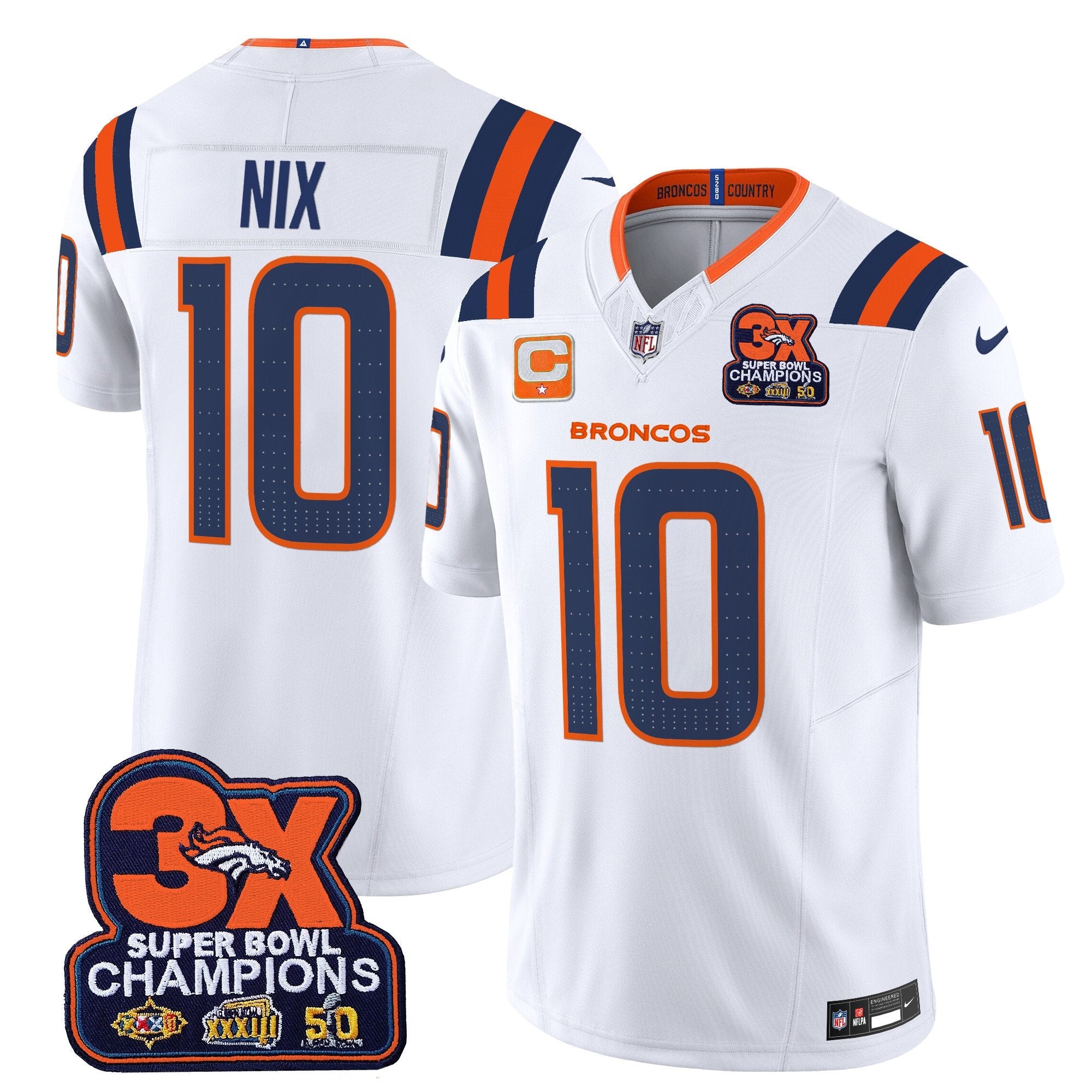 Hunk Wear - Denver Broncos 3-Time Champions Patch Vapor Limited Jersey V2 ' All Stitched ' White ' Bo Nix Jersey