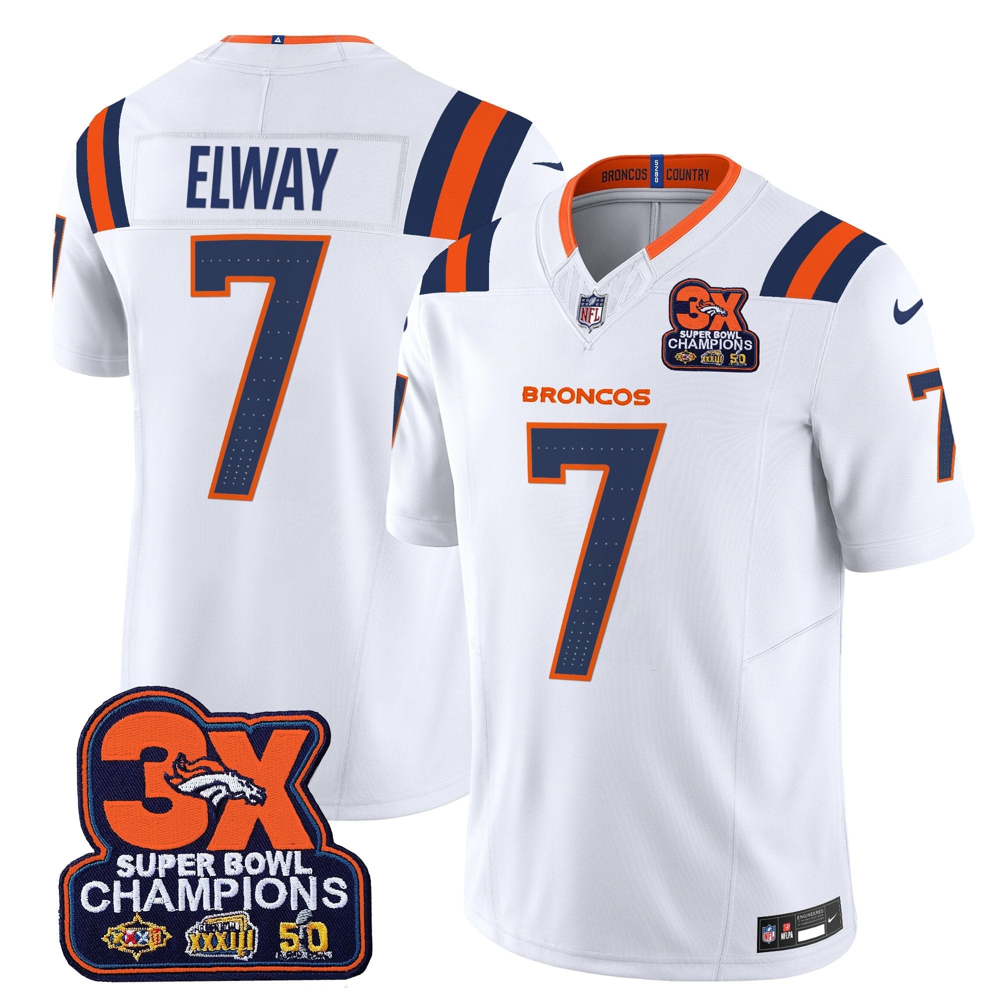Hunk Wear - Denver Broncos 3-Time Champions Patch Vapor Limited Jersey V2 ' All Stitched ' White ' John Elway Jersey