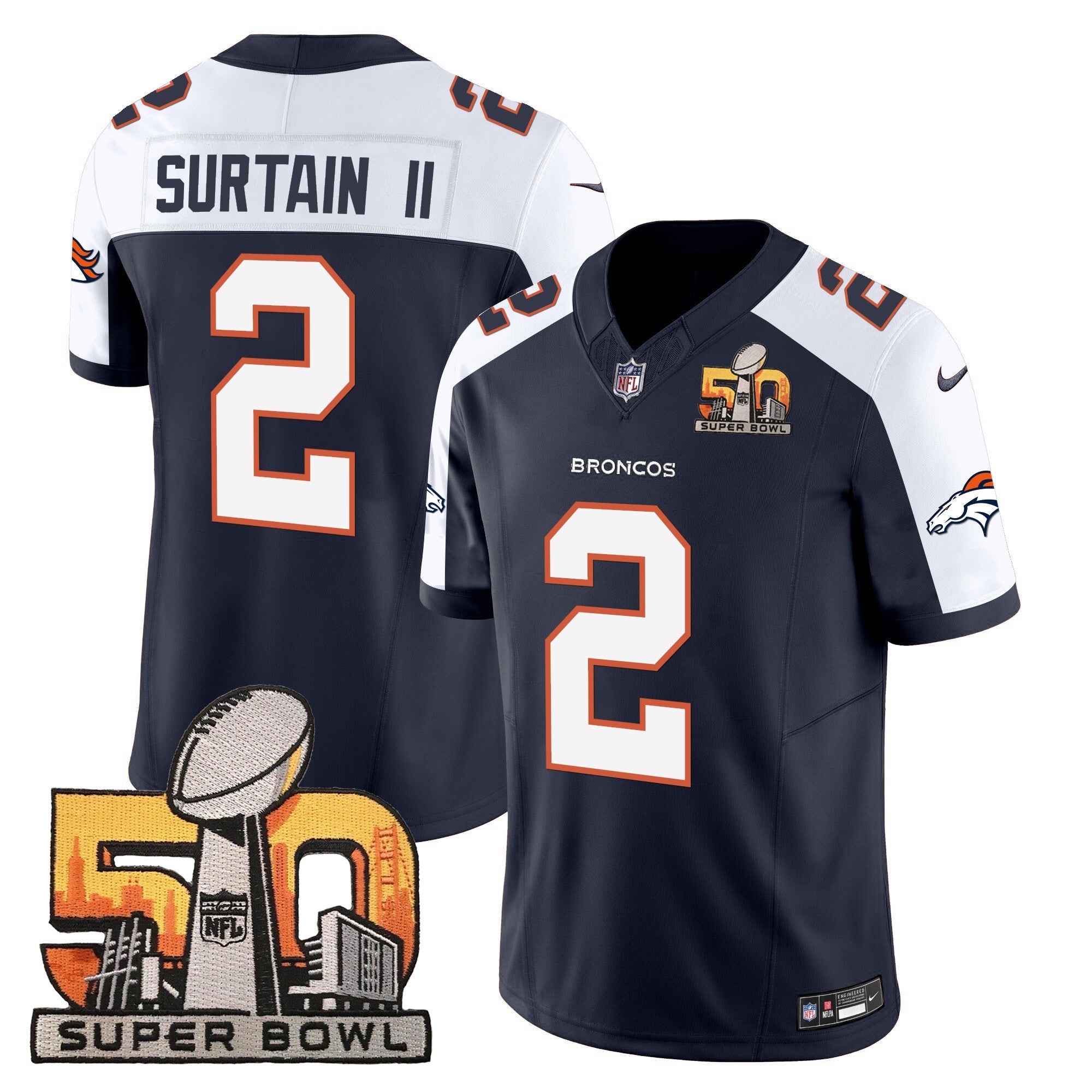Hunk Wear - Denver Broncos Super Bowl 50 Patch Vapor Jersey ' All Stitched ' Navy Alternate ' Patrick Surtain II Jersey