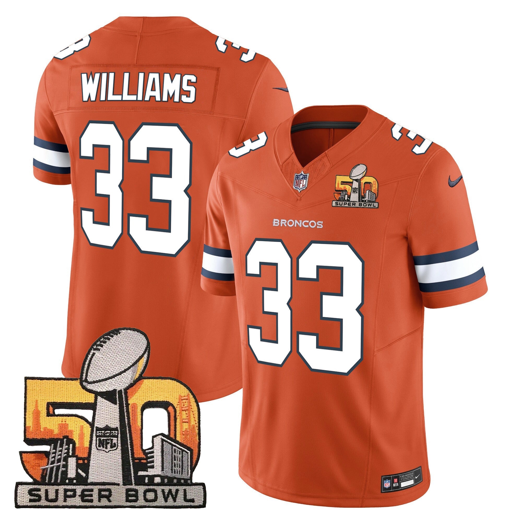 Hunk Wear - Denver Broncos Super Bowl 50 Patch Vapor Jersey ' All Stitched ' Orange ' Javonte Williams Jersey