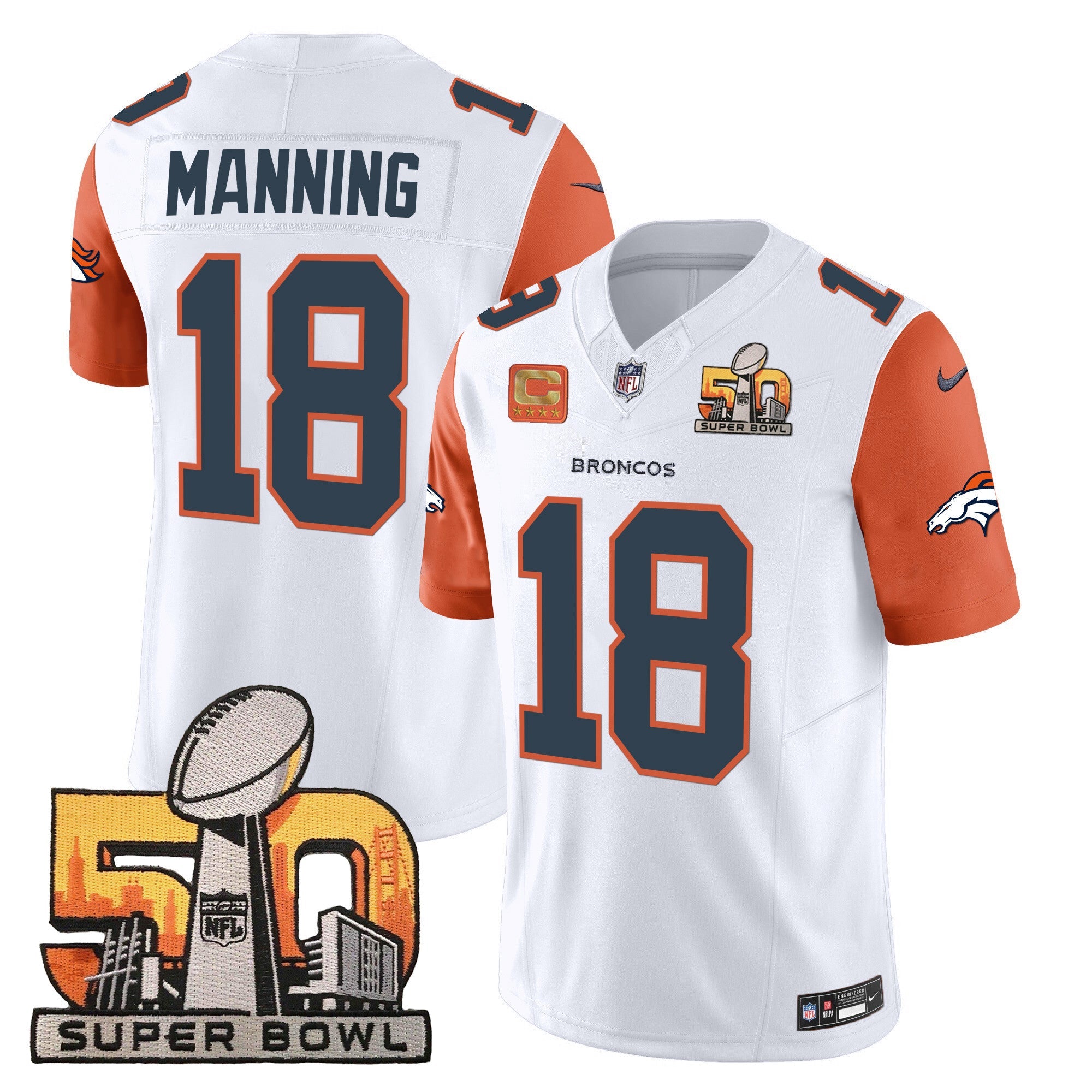 Hunk Wear - Denver Broncos Super Bowl 50 Patch Vapor Jersey ' All Stitched ' Orange Sleeves ' Peyton Manning Jersey