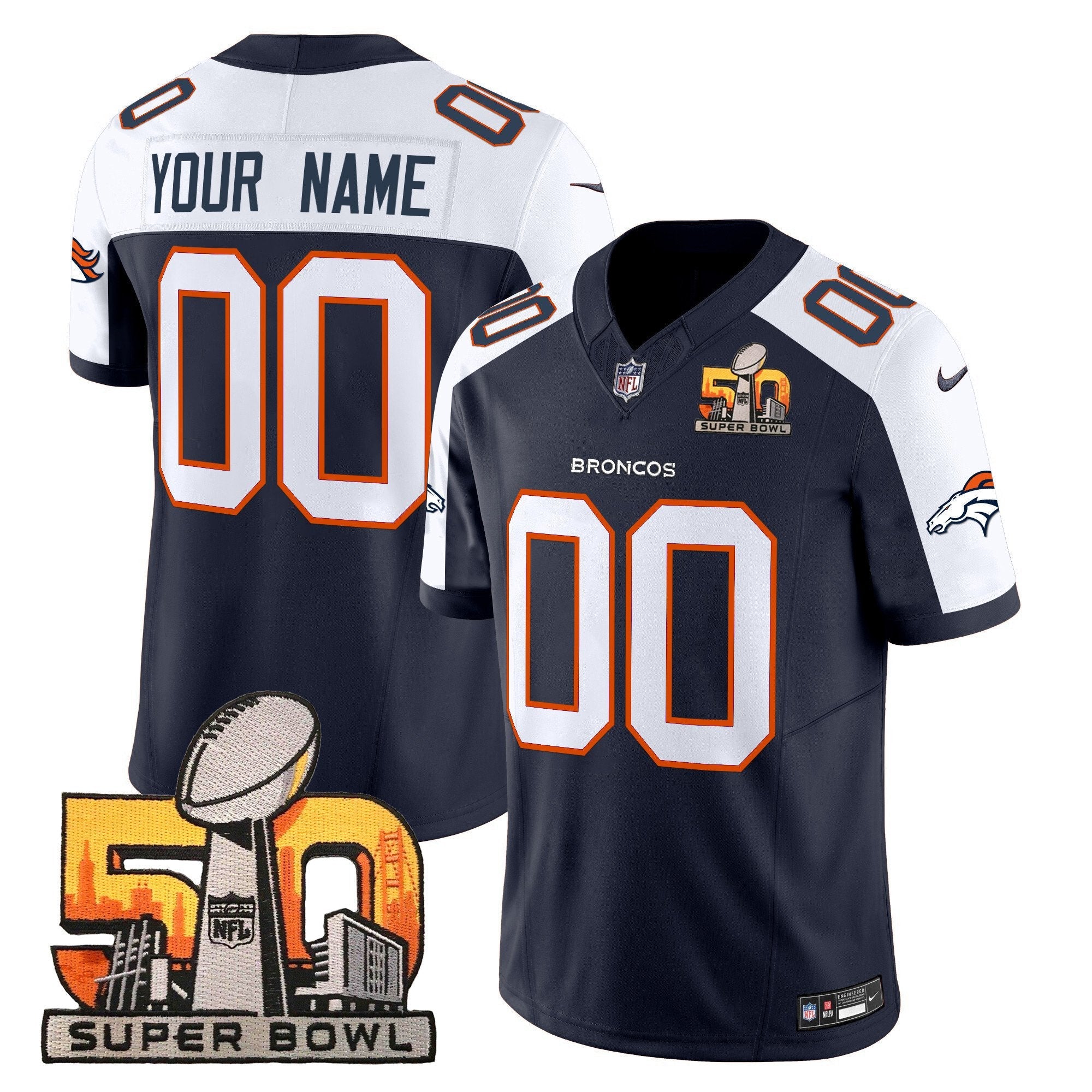 Hunk Wear - Denver Broncos Super Bowl 50 Patch Vapor Limited Custom Jersey ' All Stitched ' Navy Alternate Jersey