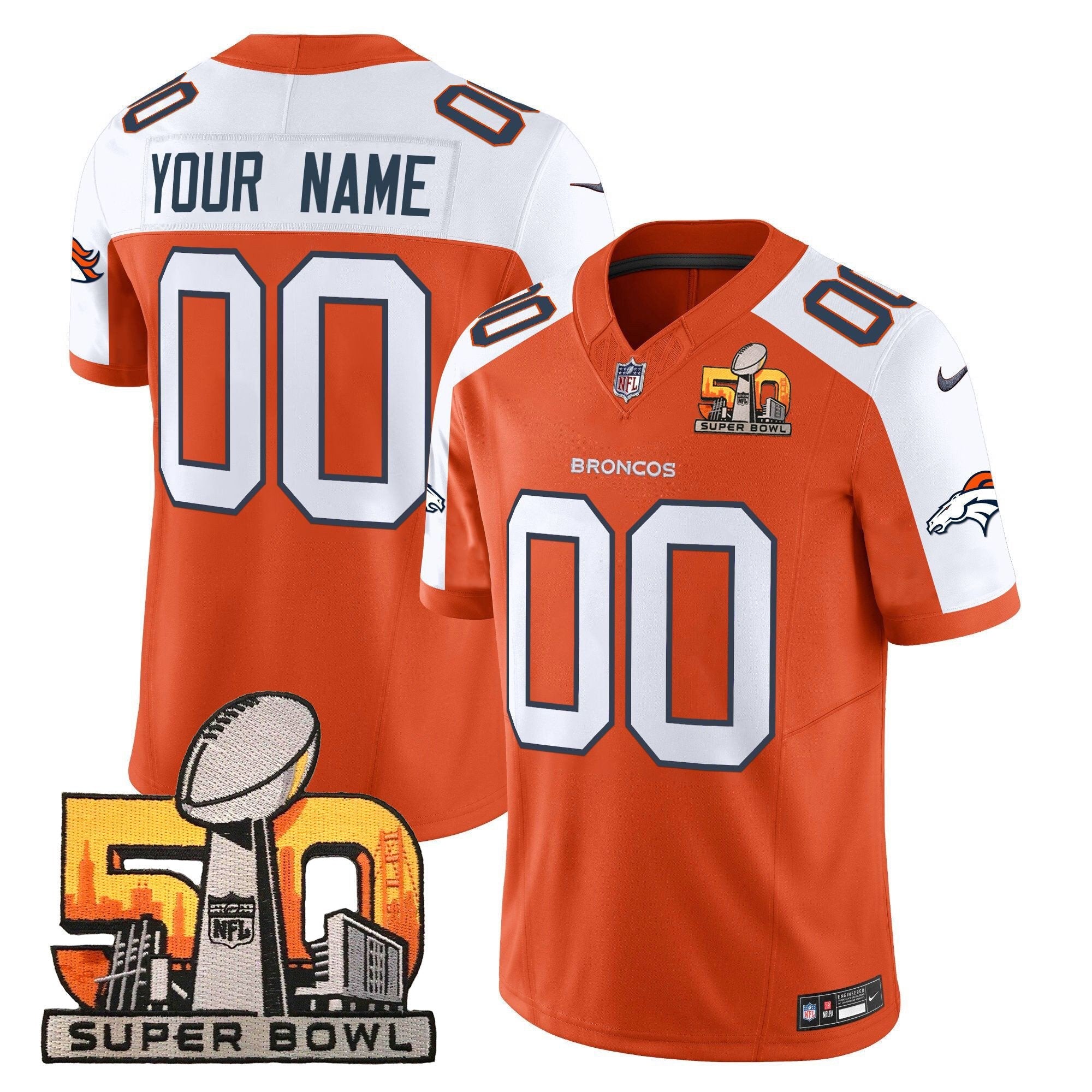 Hunk Wear - Denver Broncos Super Bowl 50 Patch Vapor Limited Custom Jersey ' All Stitched ' Orange Alternate Jersey