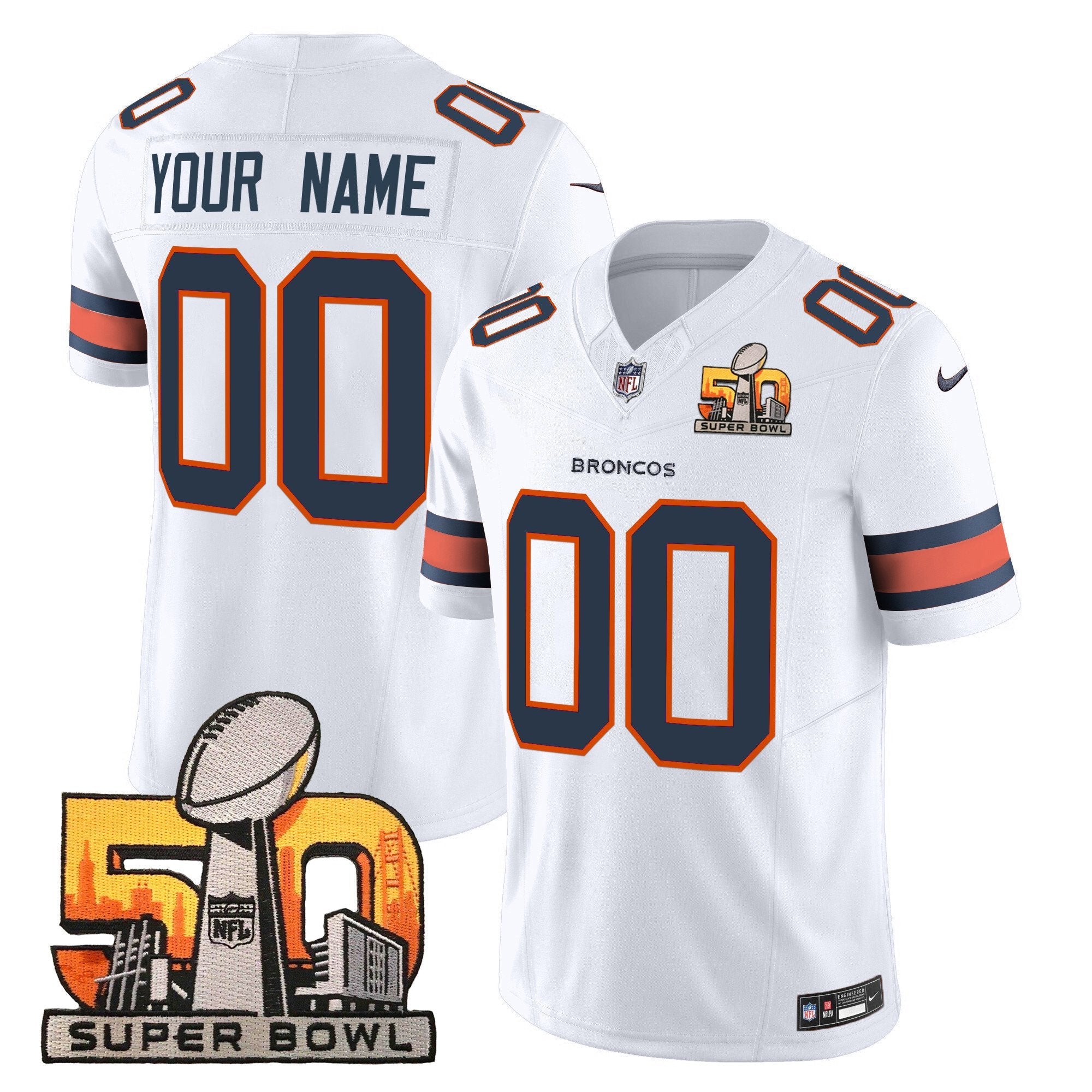 Hunk Wear - Denver Broncos Super Bowl 50 Patch Vapor Limited Custom Jersey ' All Stitched ' White Jersey