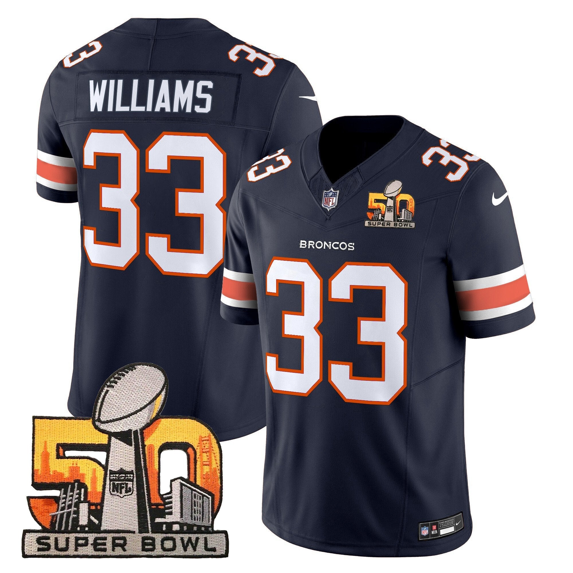 Hunk Wear - Denver Broncos Super Bowl 50 Patch Vapor Limited Jersey ' All Stitched ' Navy ' Javonte Williams Jersey