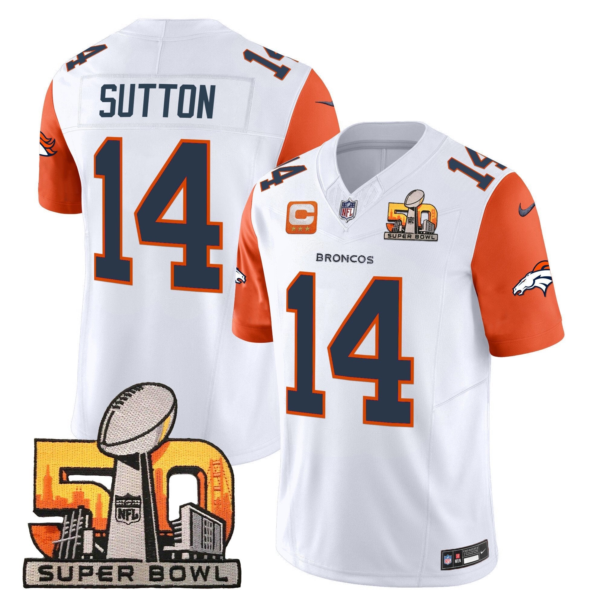Hunk Wear - Denver Broncos Super Bowl 50 Patch Vapor Limited Jersey ' All Stitched ' Orange Sleeves ' Courtland Sutton Jersey