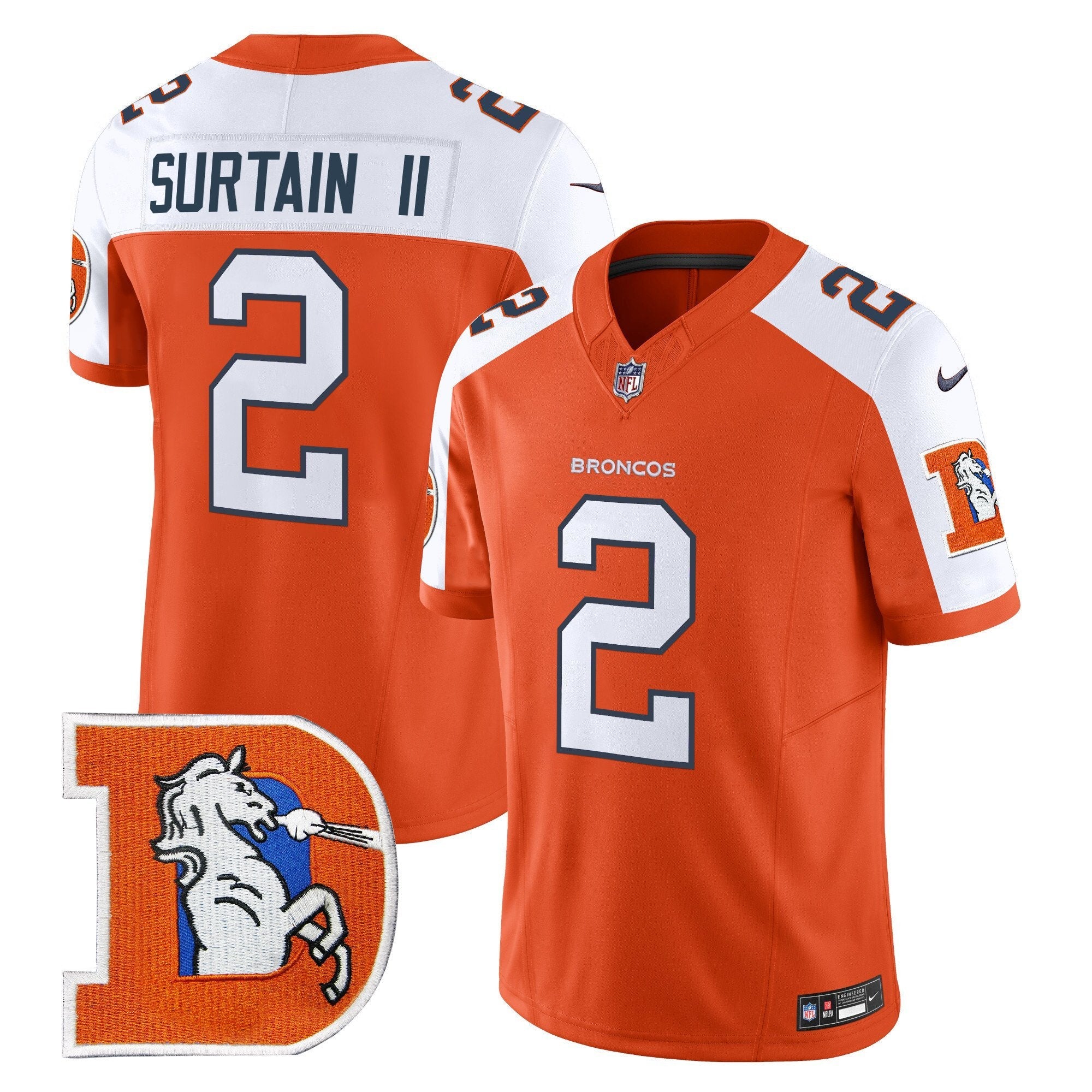 Hunk Wear - Denver Broncos Throwback Vapor Limited Jersey V2 ' All Stitched ' Orange Alternate ' Patrick Surtain II Jersey