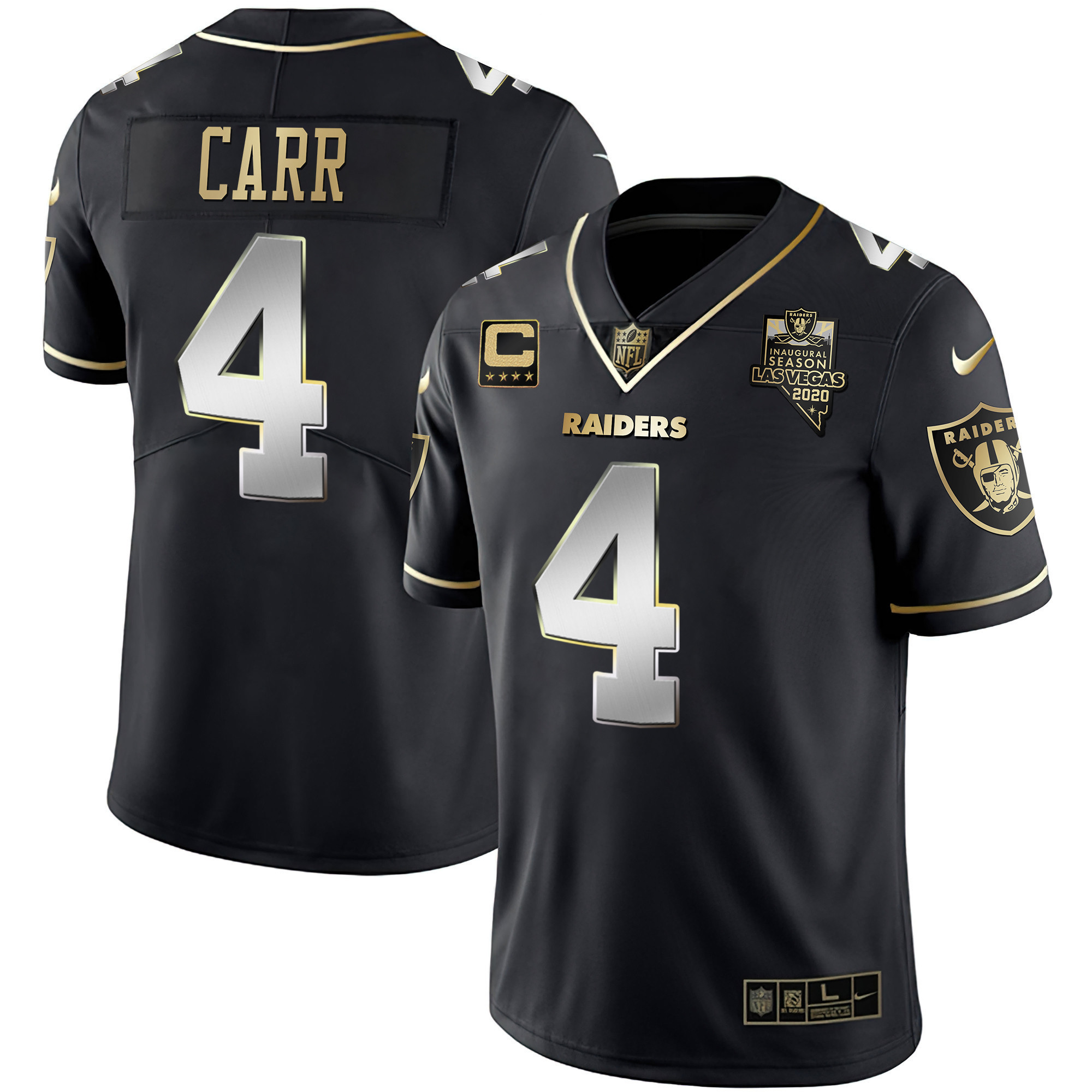 Hunk Wear - Derek Carr Men's Las Vegas Raiders Inaugural Season Patch Gold & Split Black Limited Jersey