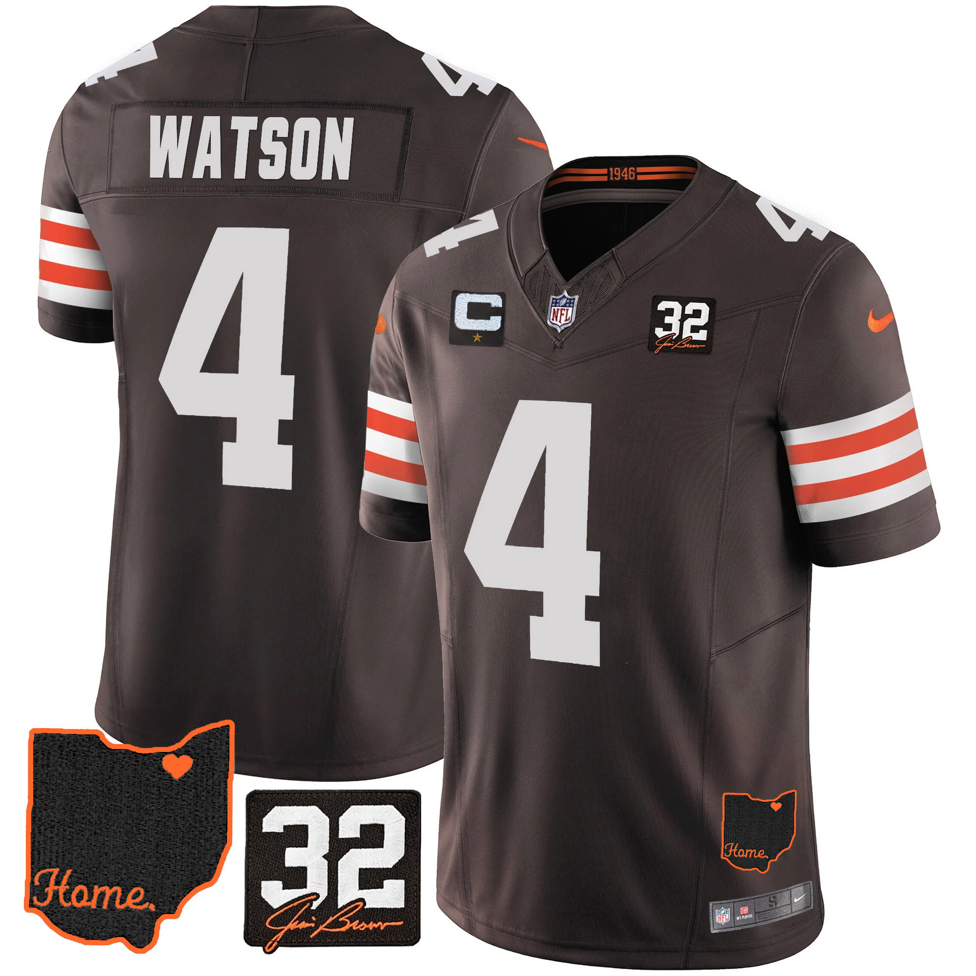 Hunk Wear - Deshaun Watson Men's Cleveland Browns #32 Jim Brown Memorial & Home Patch V3 Jersey
