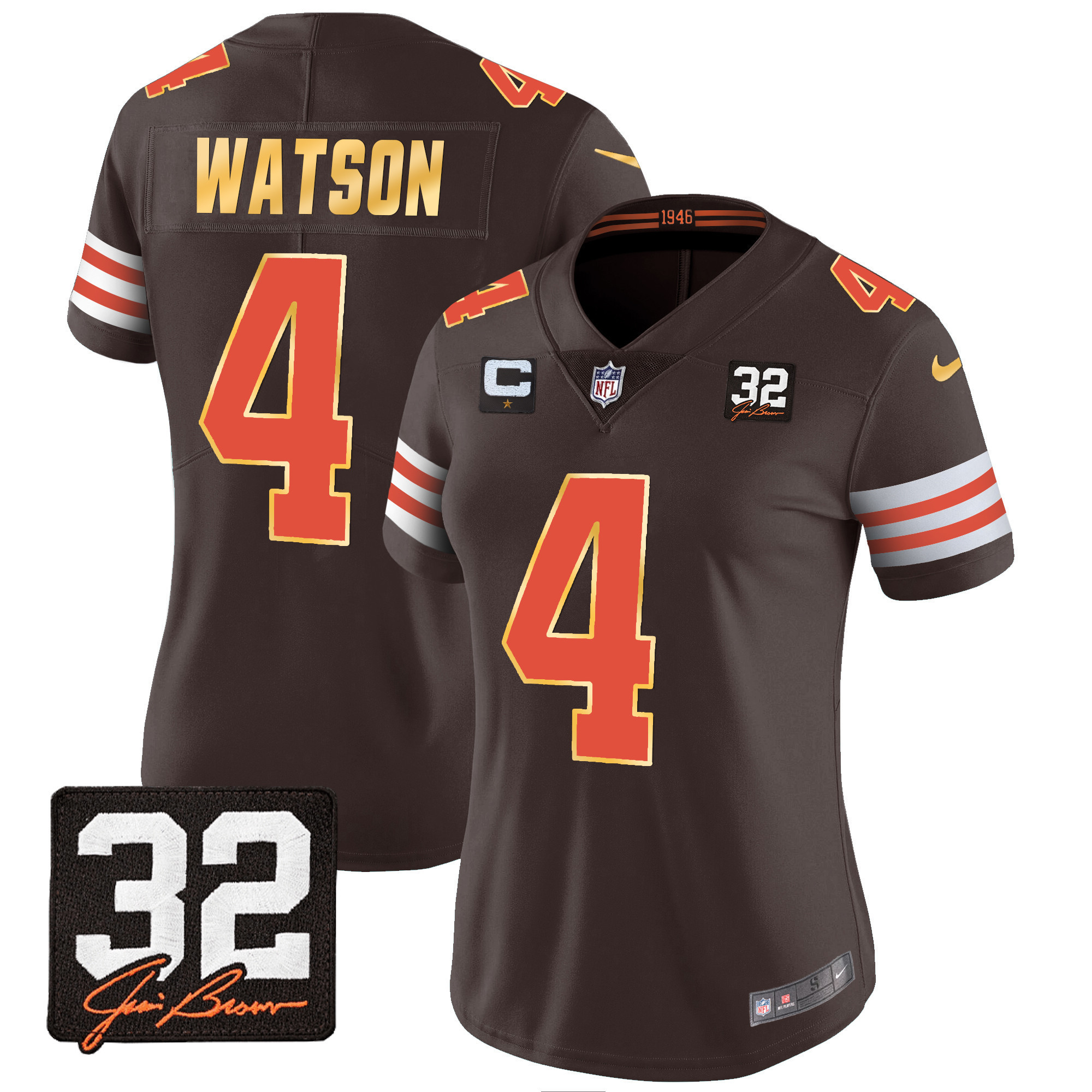 Hunk Wear - Deshaun Watson Women's Cleveland Browns #32 Jim Brown Memorial Patch Gold Trim Jersey